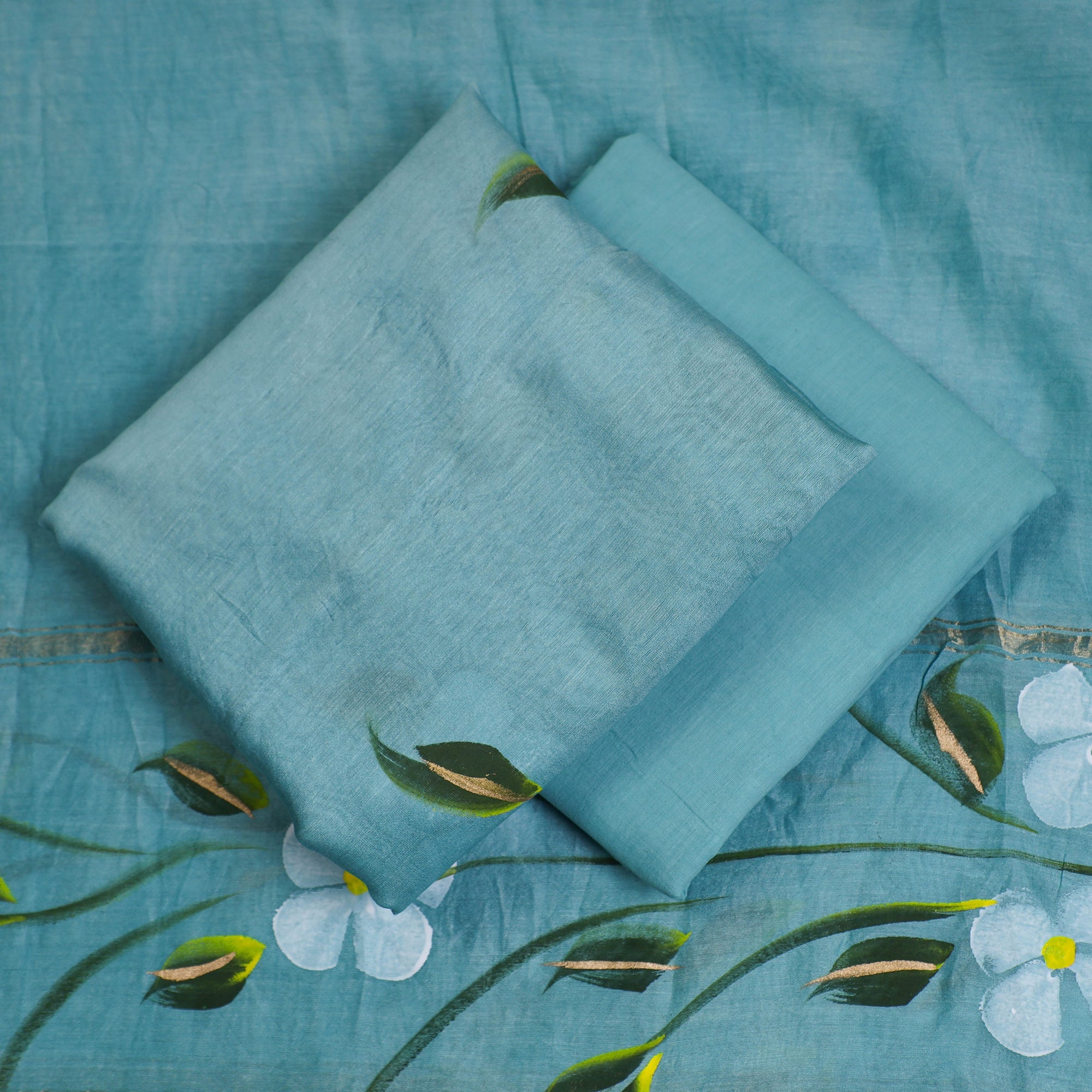 KUSUMLATA Blue - 3pc Hand Painted Chanderi Silk Suit Material Set 04 - view 2