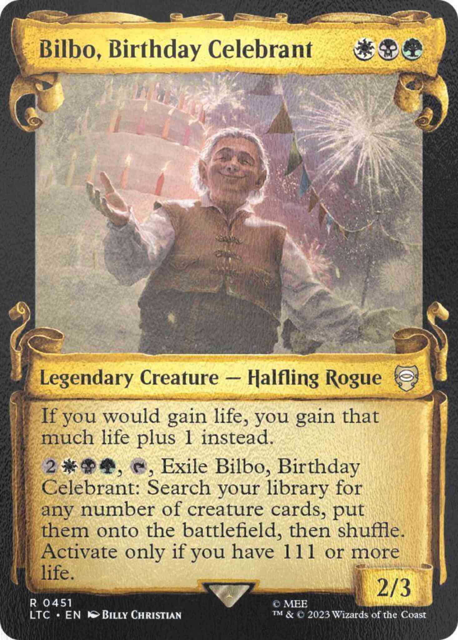 Bilbo birthday celebrant – Magic Bilbo, Birthday Celebrant [451] [Scrolls Showcase] [The Lord of the Rings: Tales of Middle-earth: Commander] [Silver Foil]