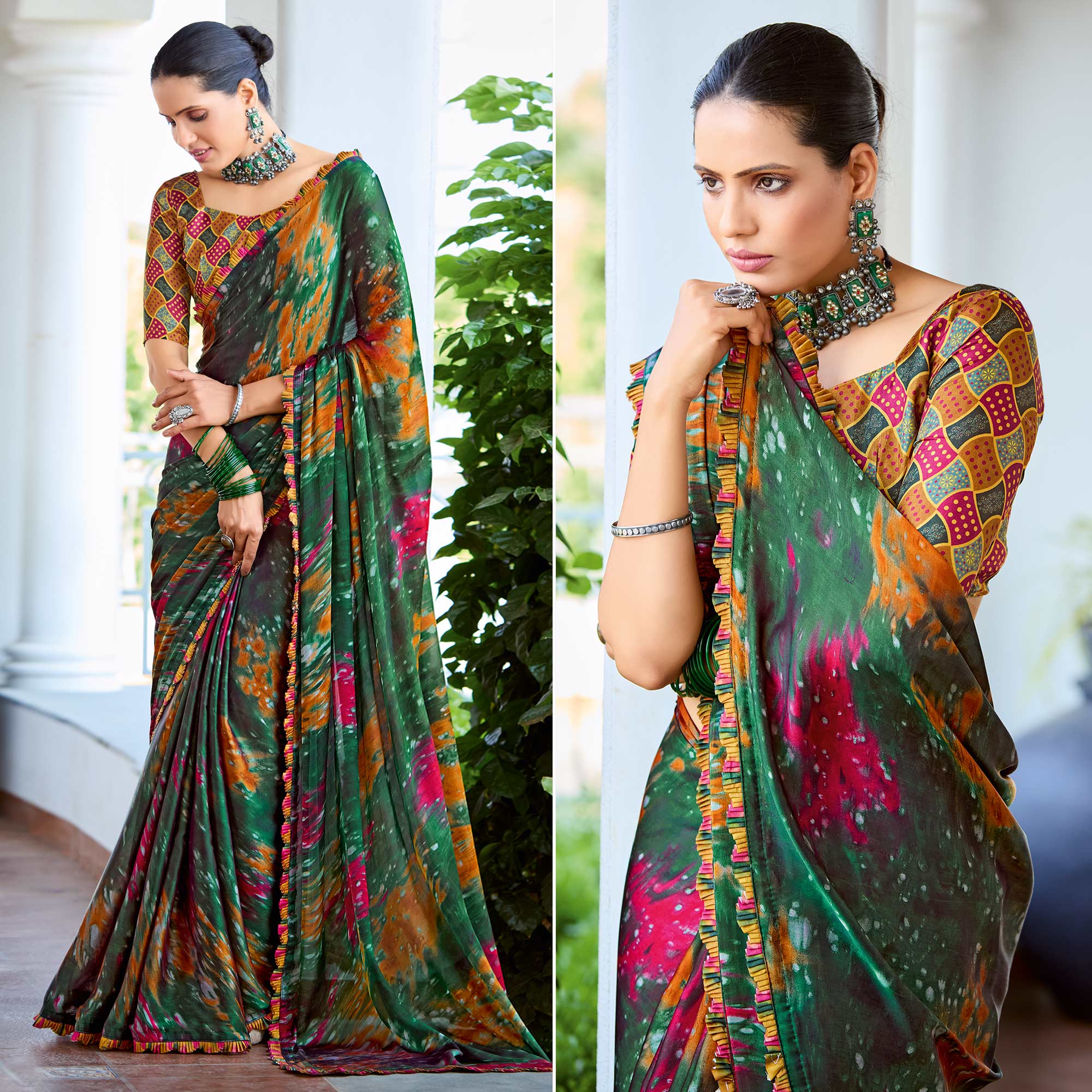 Peachmode Bottle Green Printed Satin Saree With Frill Border