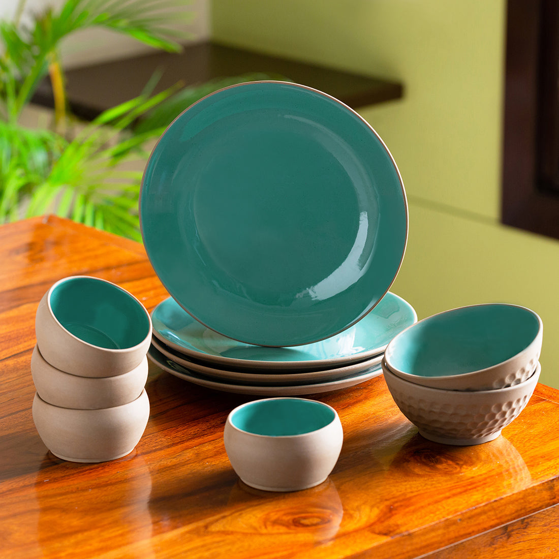 EXCLUSIVELANE 'Earthen Turquoise' Hand Glazed Dinner Plates With Serving Bowls & Katoris In Ceramic (10 Pieces, Serving for 4, Microwave Safe)