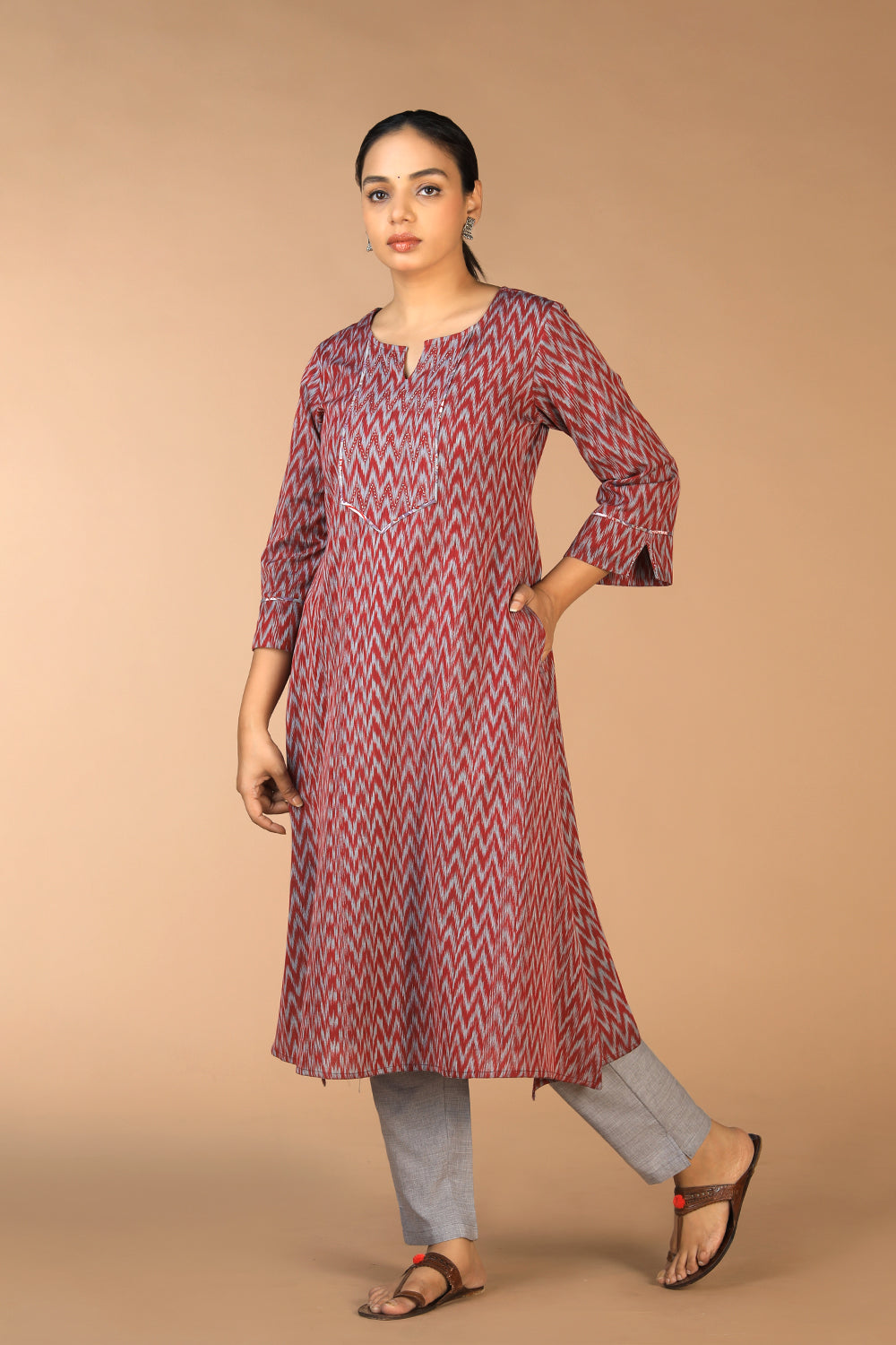 Kalanjali Ethnics Cotton pochampally Ikat – Maroon - view 5