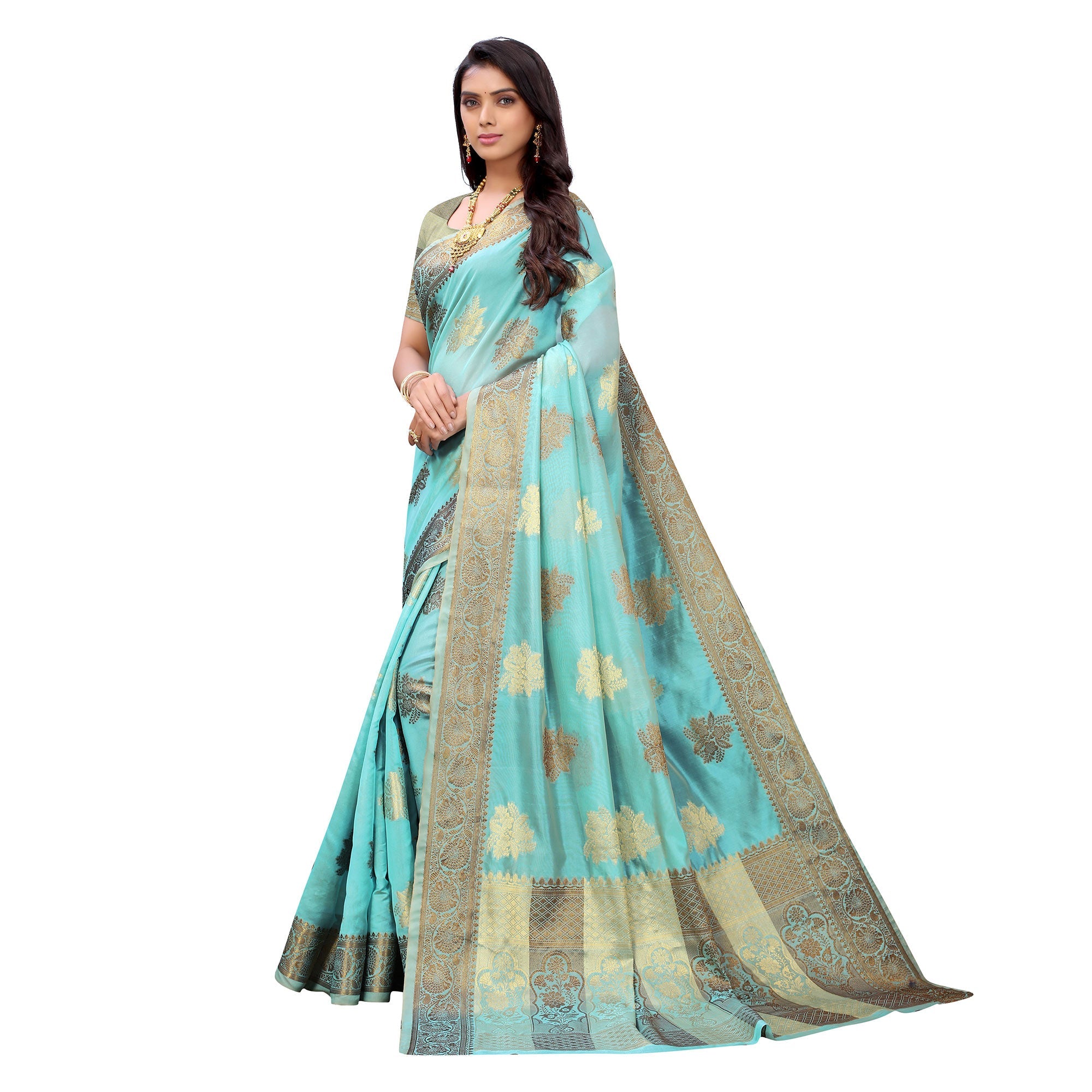 Peachmode Firozi Festive Wear Floral Woven Silk Saree
