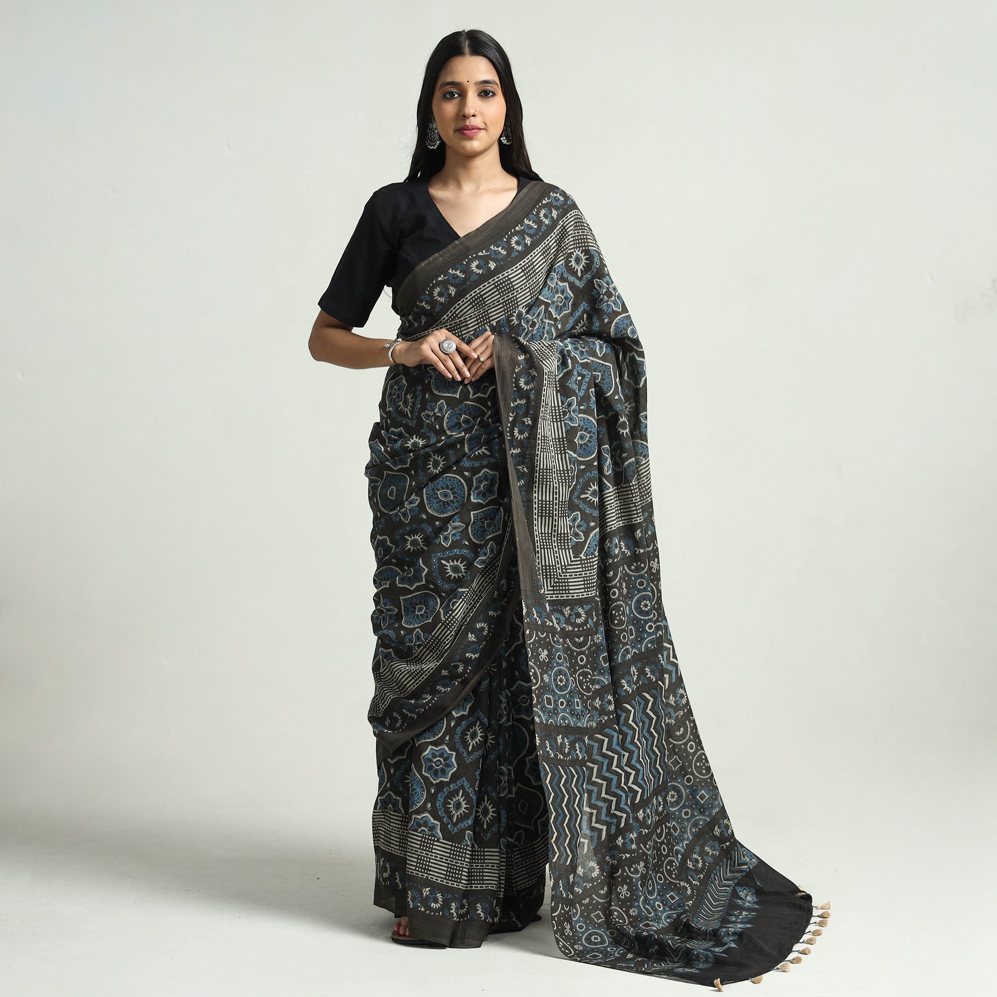 AJRAKH BY JABBAR KHATRI Brown - Block Printed Mul Cotton Ajrakh Saree