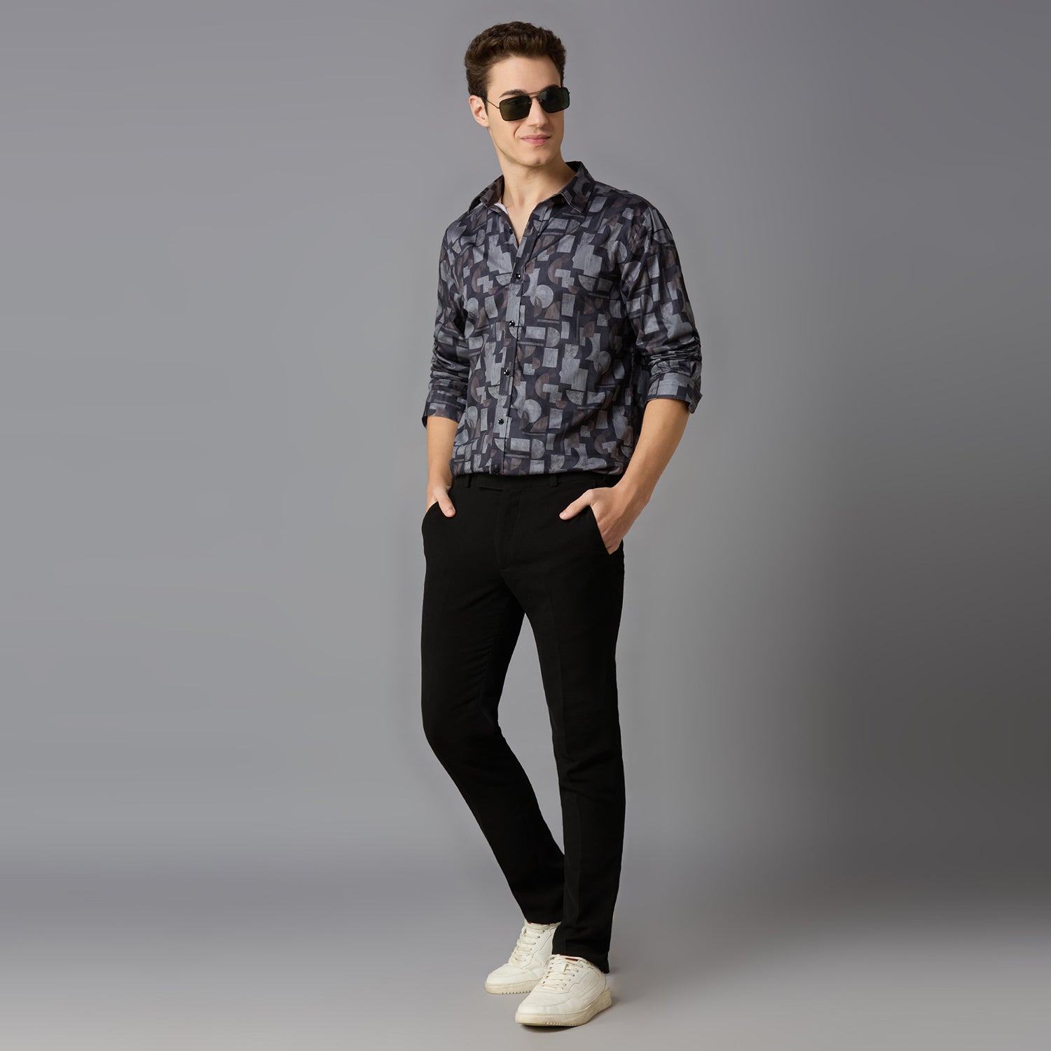 MARK & ALBERT Giza Cotton Printed Shirt – Gray - view 5