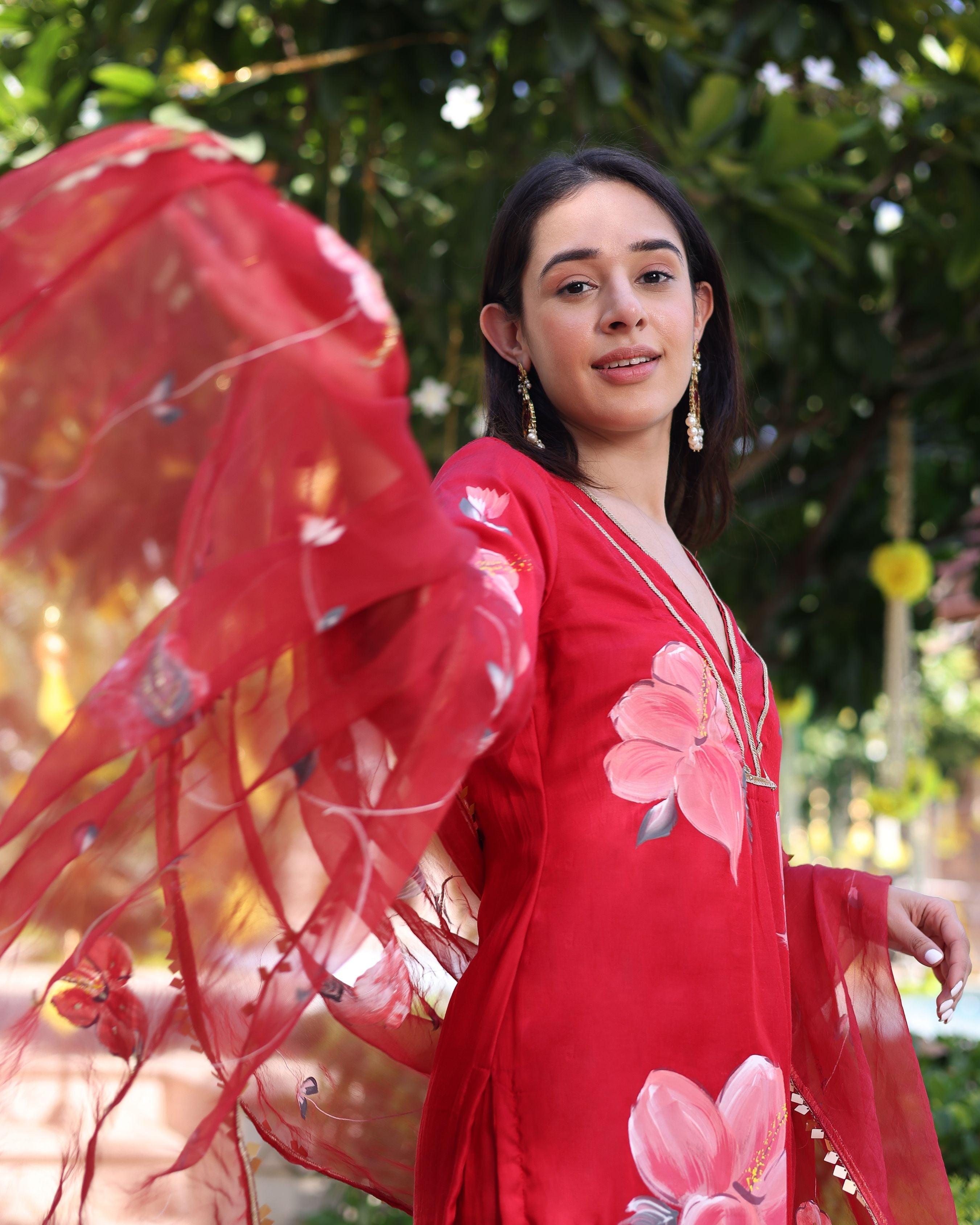 Aachho Raspberry Blush Red Handpainted Satin Suit Set - view 4