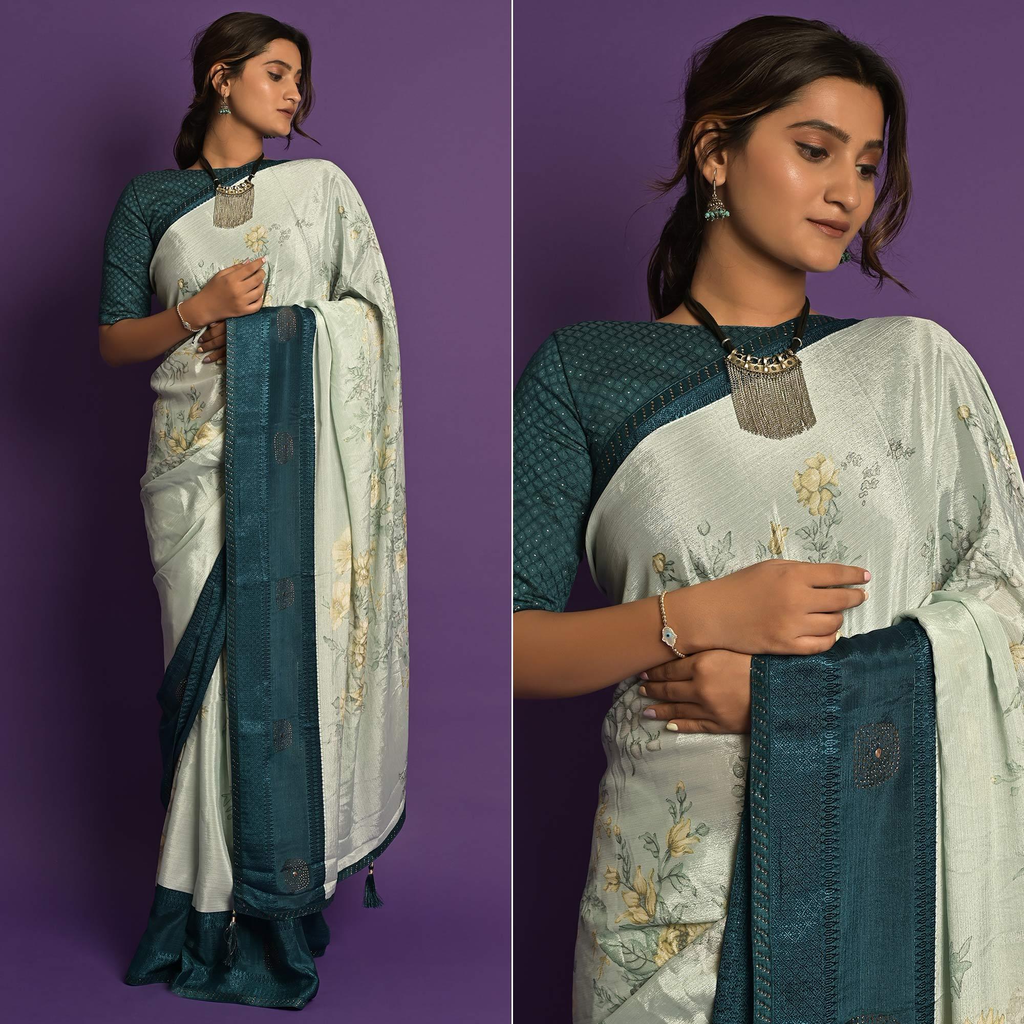 Peachmode Light Blue Printed-Embellished Chiffon Saree