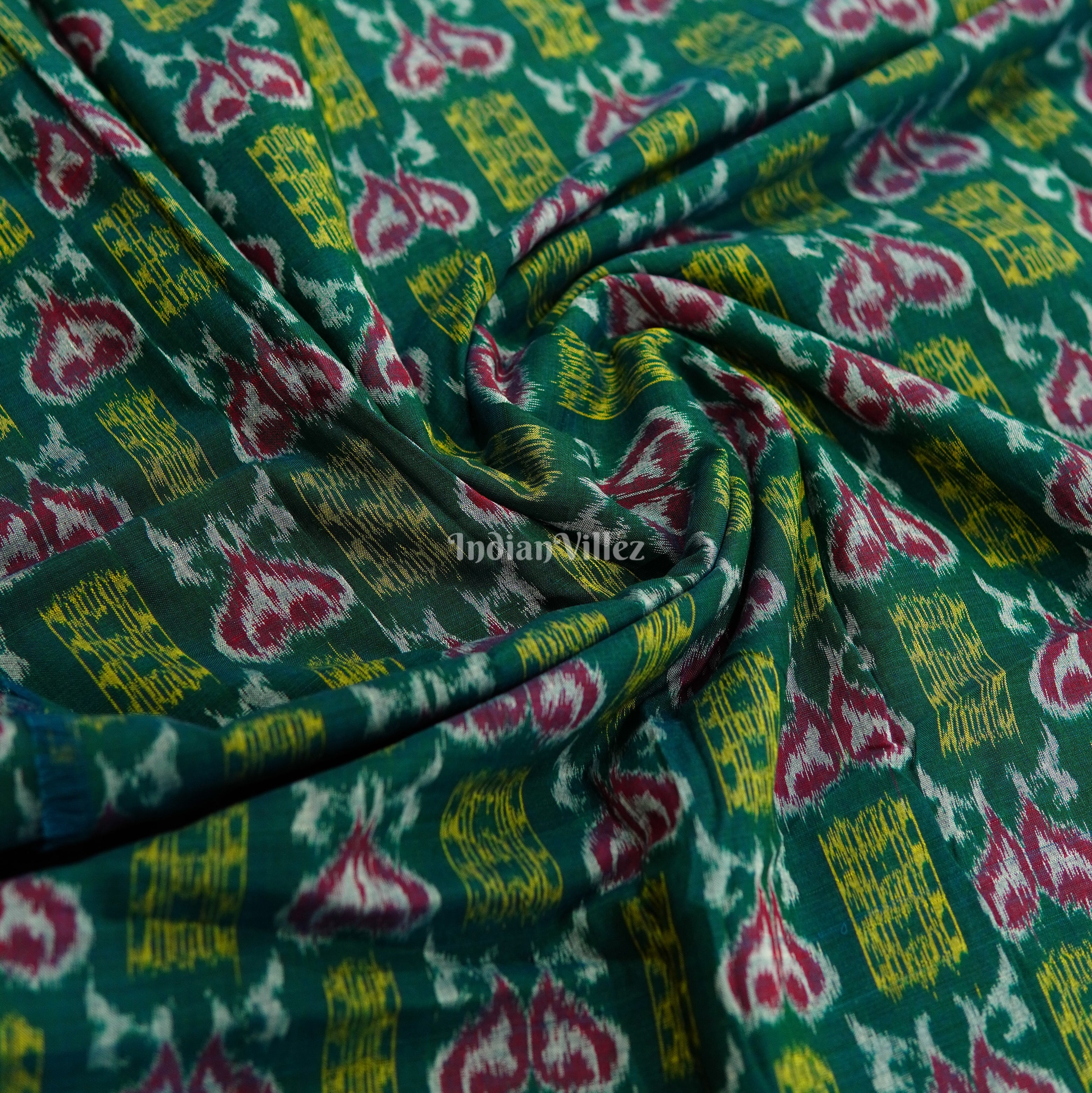 IndianVillèz Dark Green Fish Theme Odisha Ikat Cotton Fabric