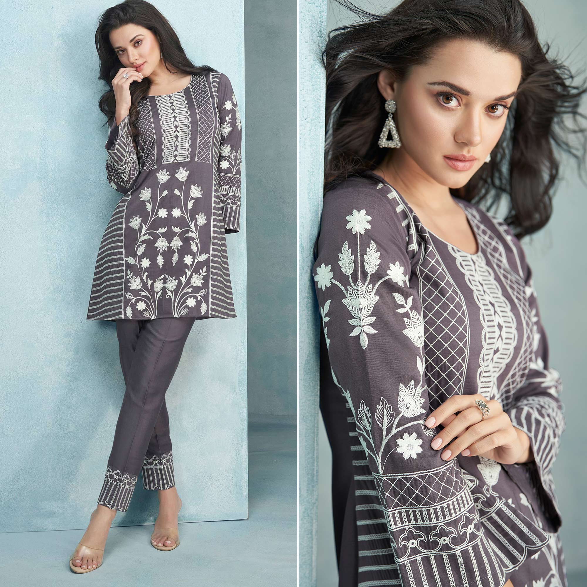 Grey co-ords – BlackTree grey-floral-embroidered-rayon-top-bottom-set