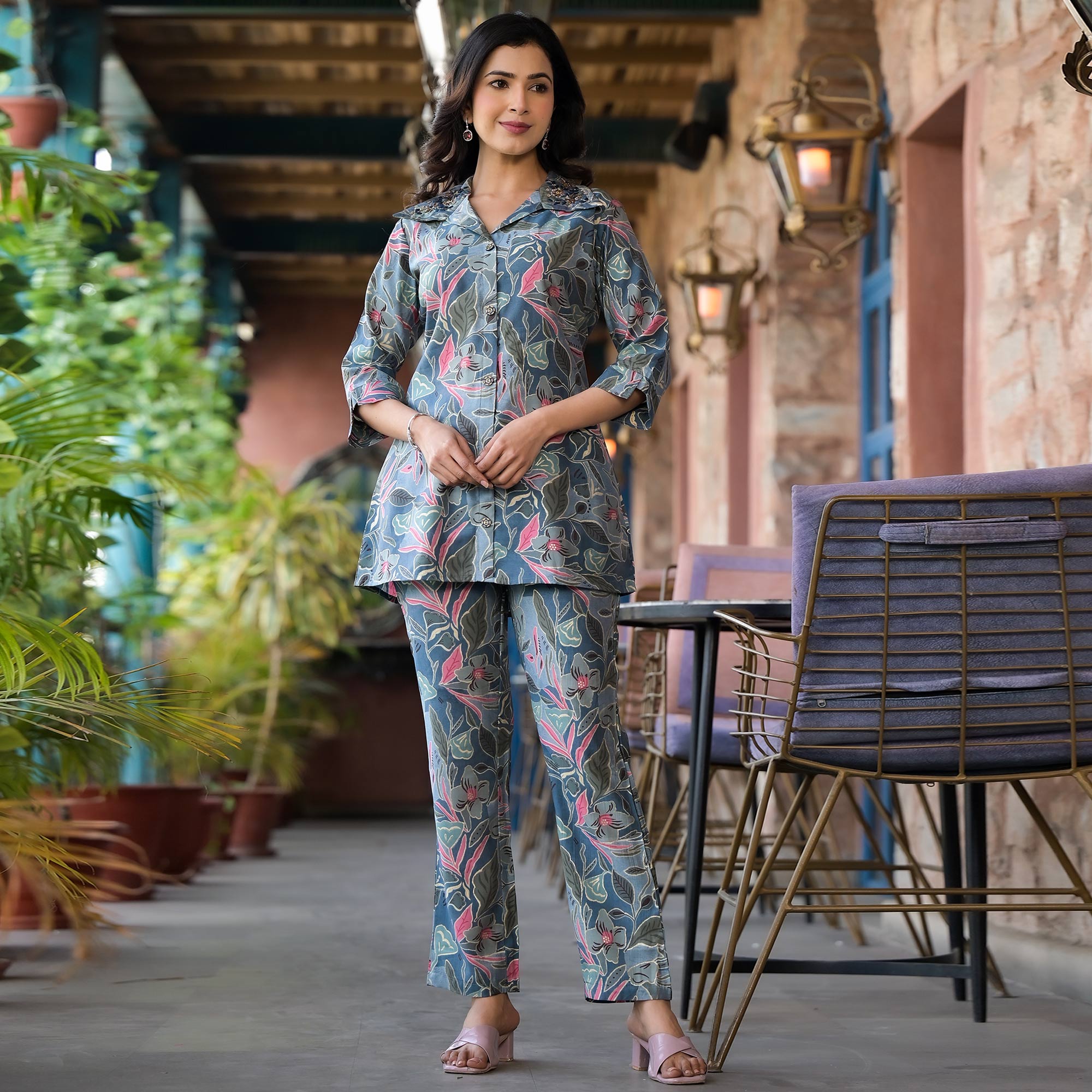 Peachmode Denim Blue Floral Printed Chanderi Silk Co-Ord Sets With Handcrafted - view 2