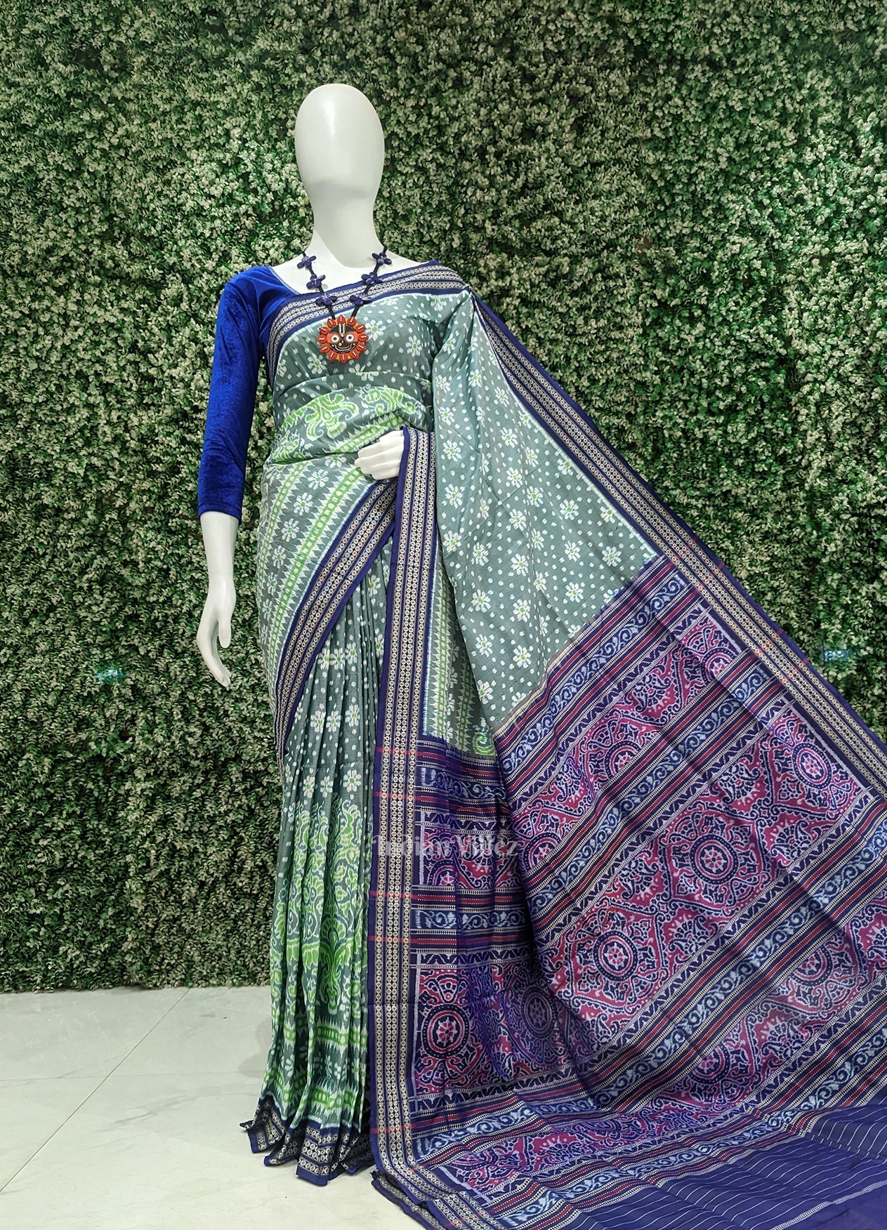 IndianVillèz Pastel Green Lily Flower Vase Sambalpuri Silk Saree
