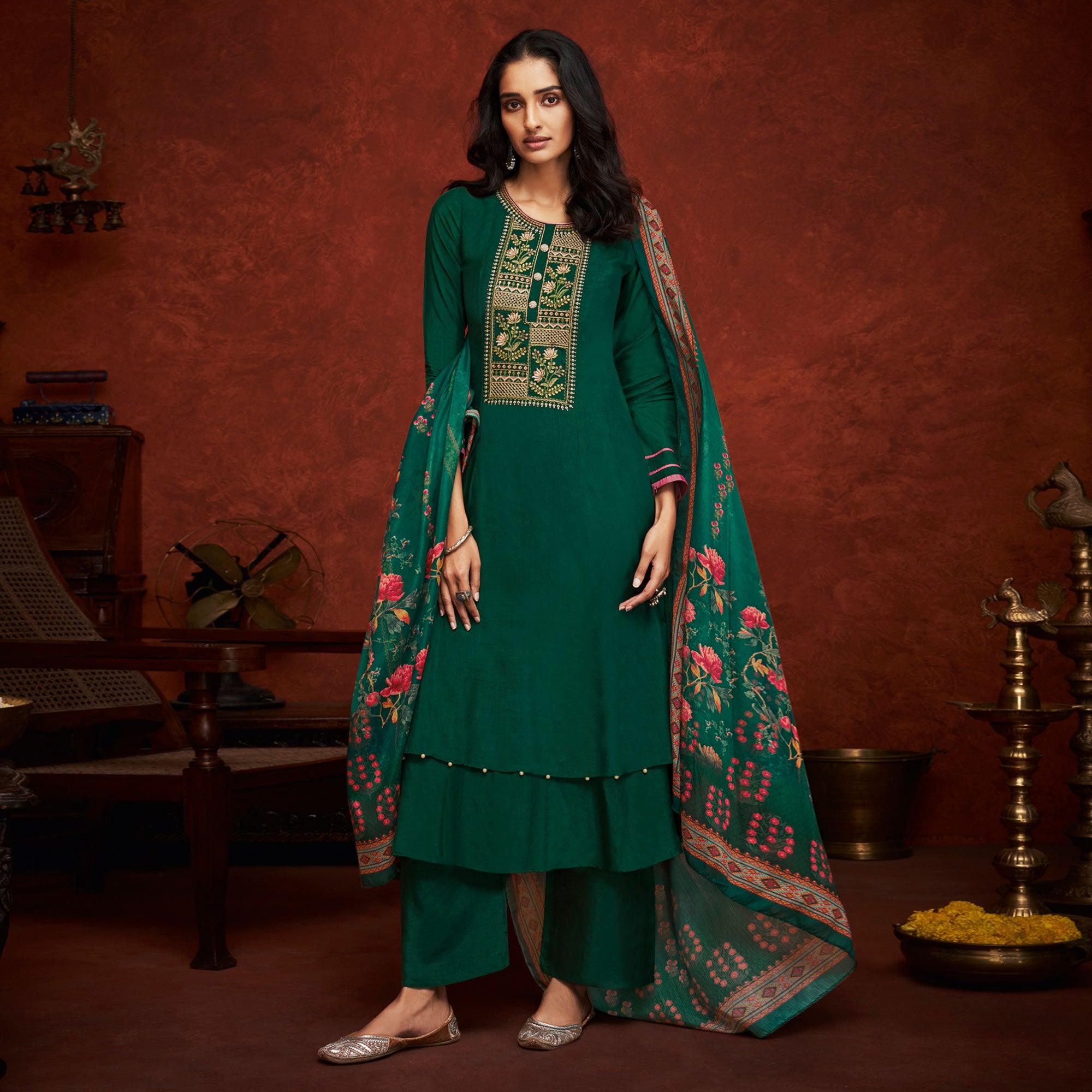 Peachmode Dark Green Floral Embroidery With Print Pure Viscose Partywear Suit