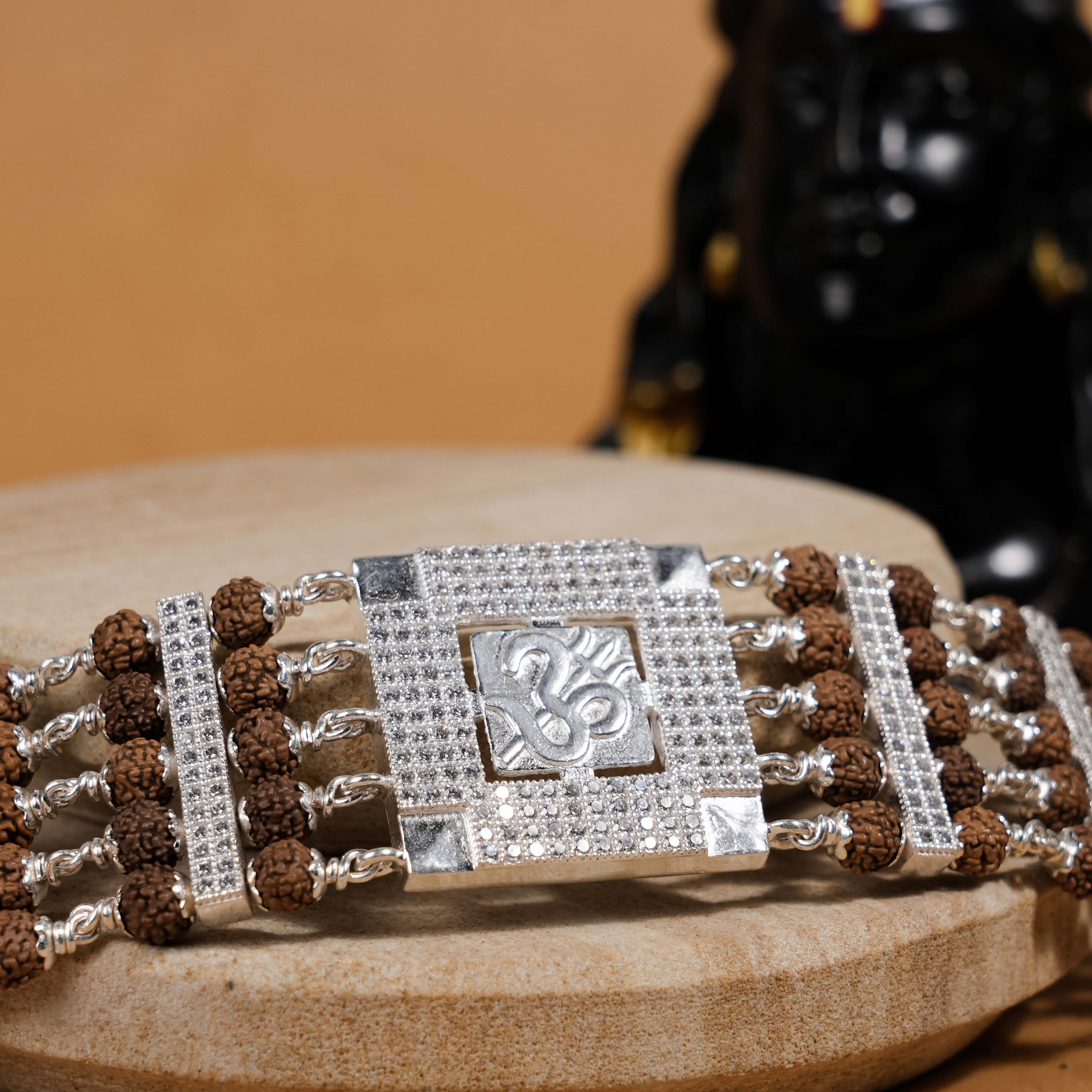 Prinjal Jewellers Rudraksha Silver Om and Trishul Five Lines Bracelet