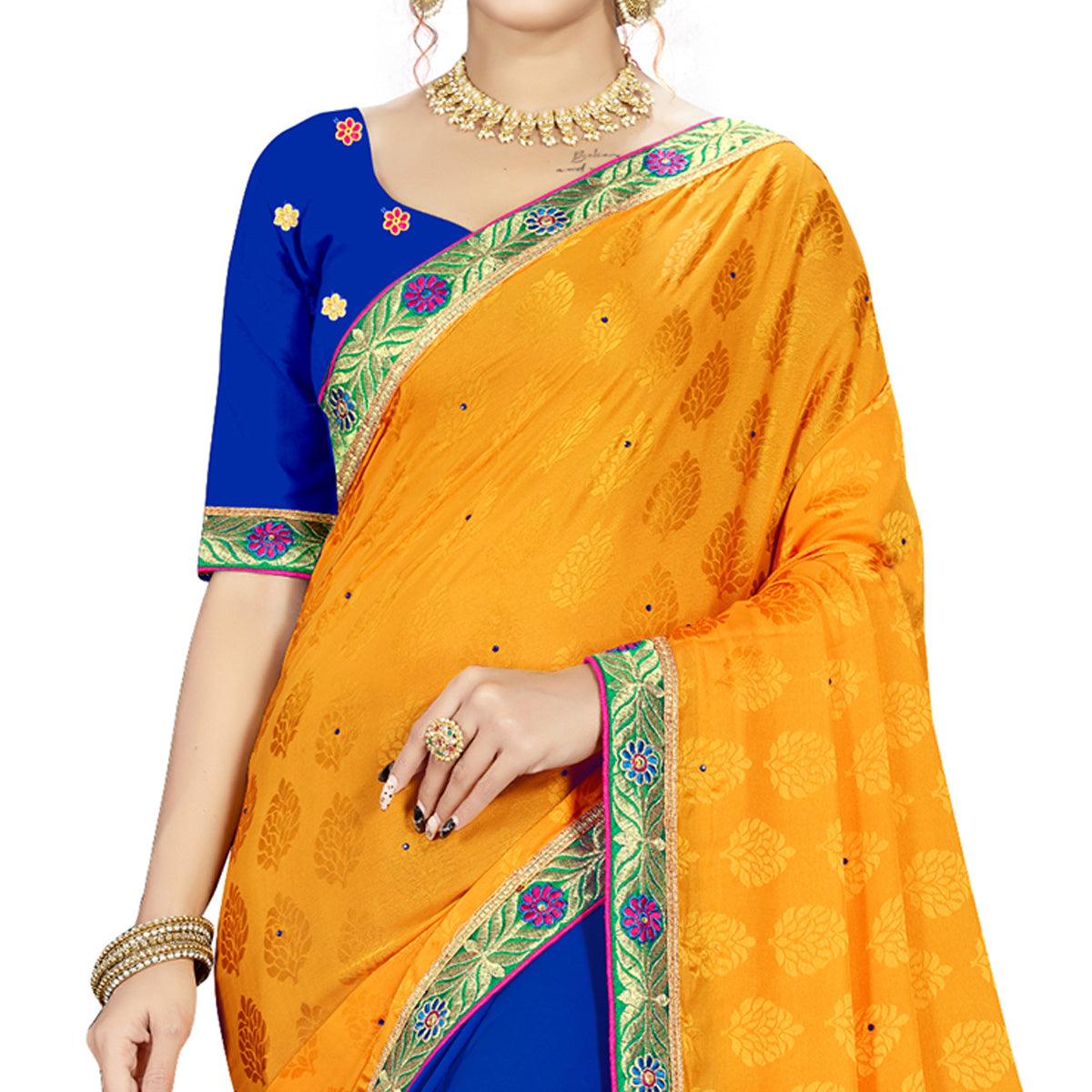 Peachmode Breathtaking Orange-Navy Blue Colored party Wear Embroidered Georgette Half-Half Saree - view 2