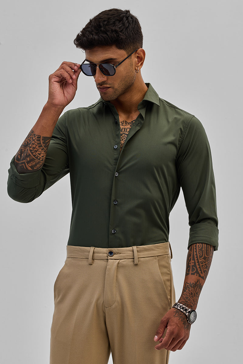 SNITCH Olive Slim Fit Stretch Shirt