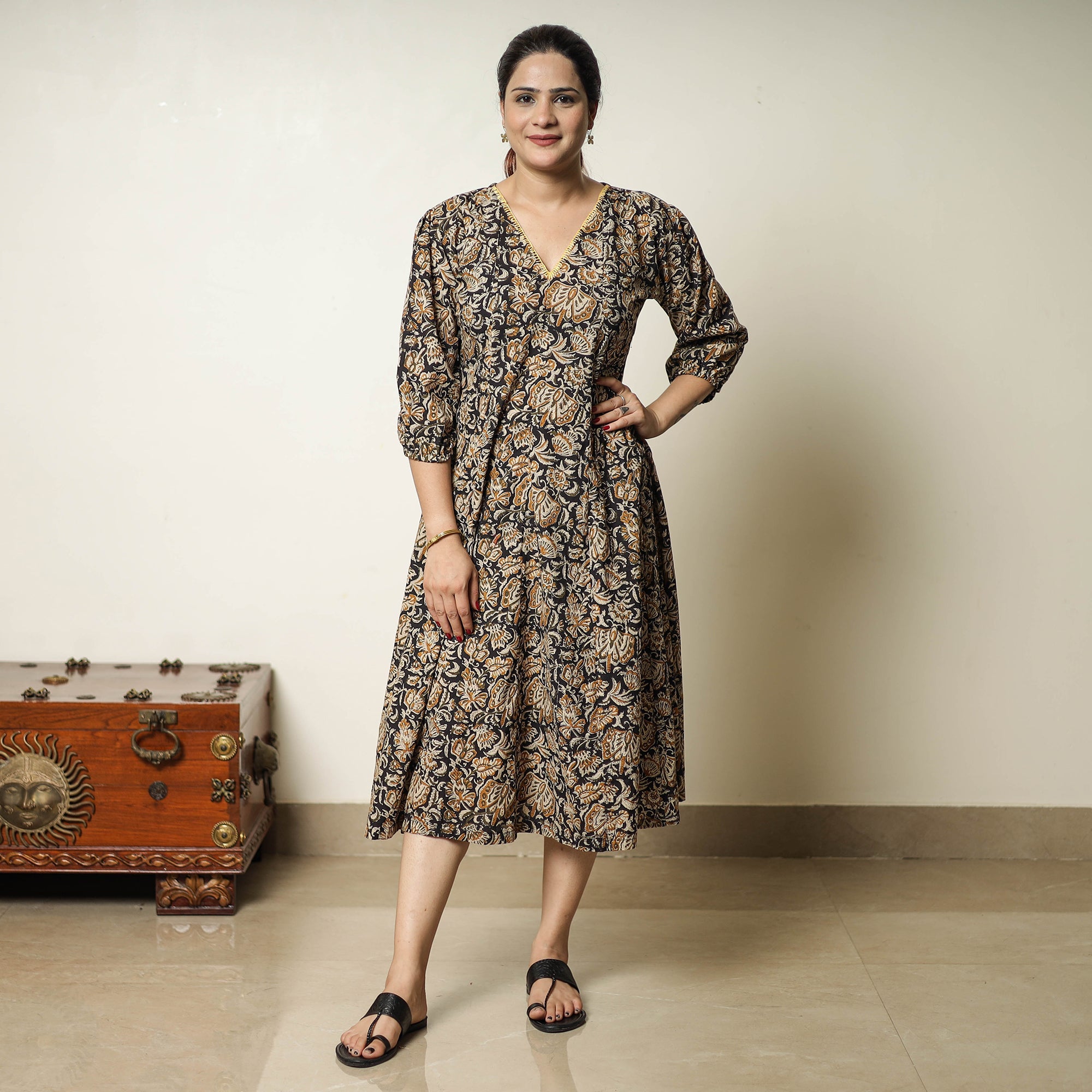 ITOKRI CASUALS Black - Bagru Block Printed Cotton Flared Dress 03