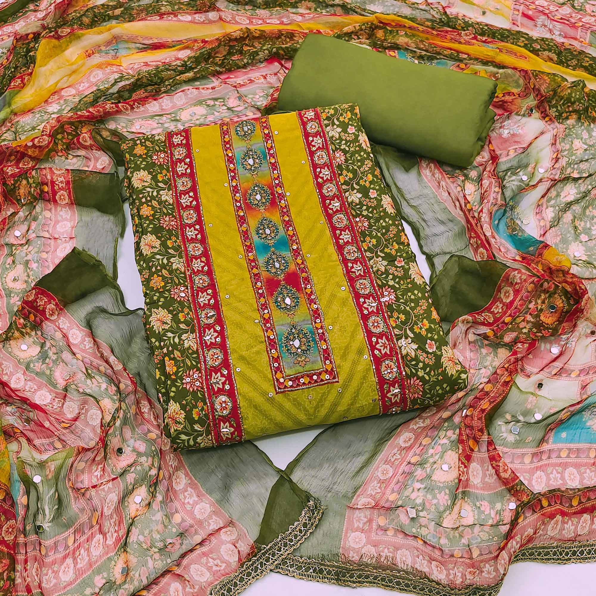 Green dress materials (unstitched) – BlackTree green-embroidered-with-printed-work-muslin-dress-material