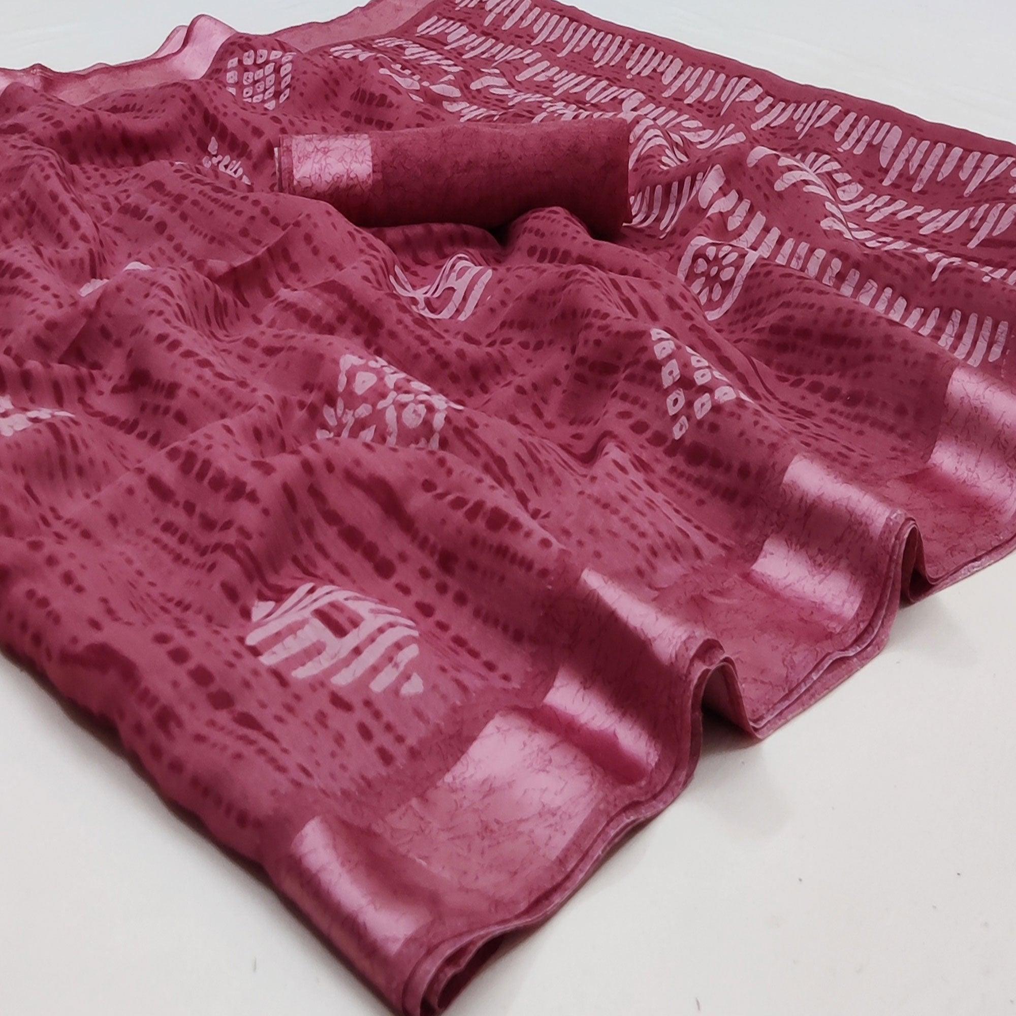 Peachmode Maroon Printed Linen Saree – Women's