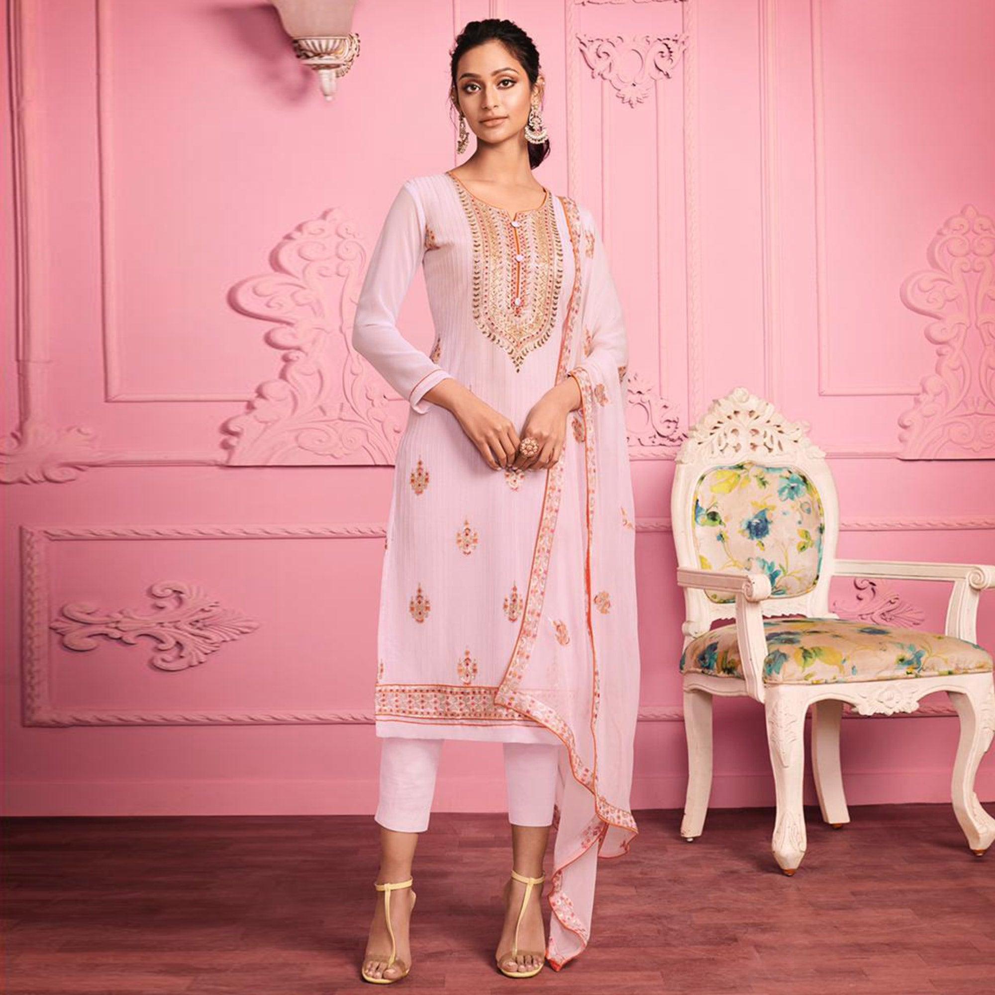 Peachmode Blush Partywear Thread Floral Embroidery & Khatli Sequins Alizeh Georgette Suit