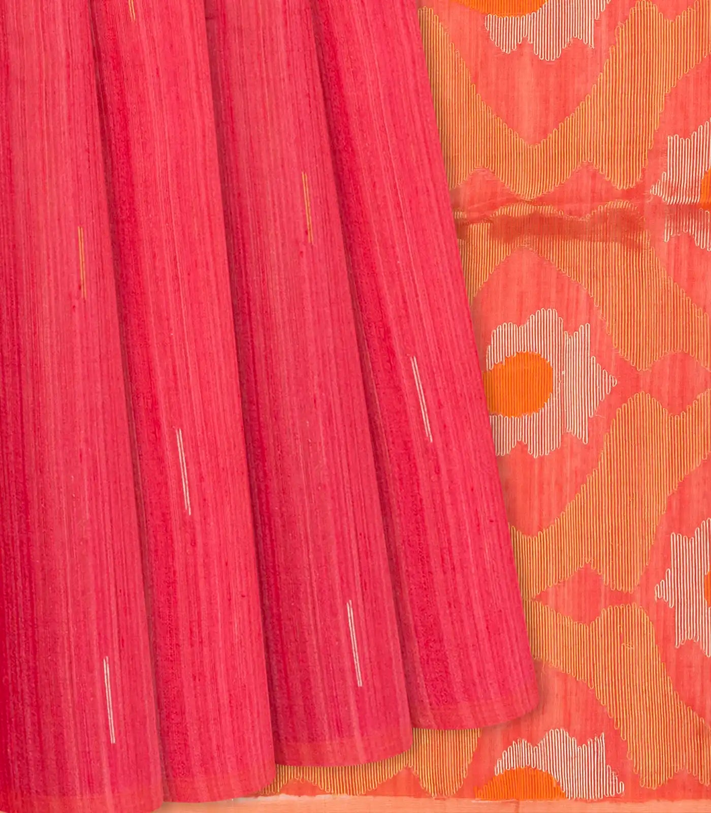 RmKV Dark Peach Handloom Jute Saree With Stripe Buttas-Dark Peach