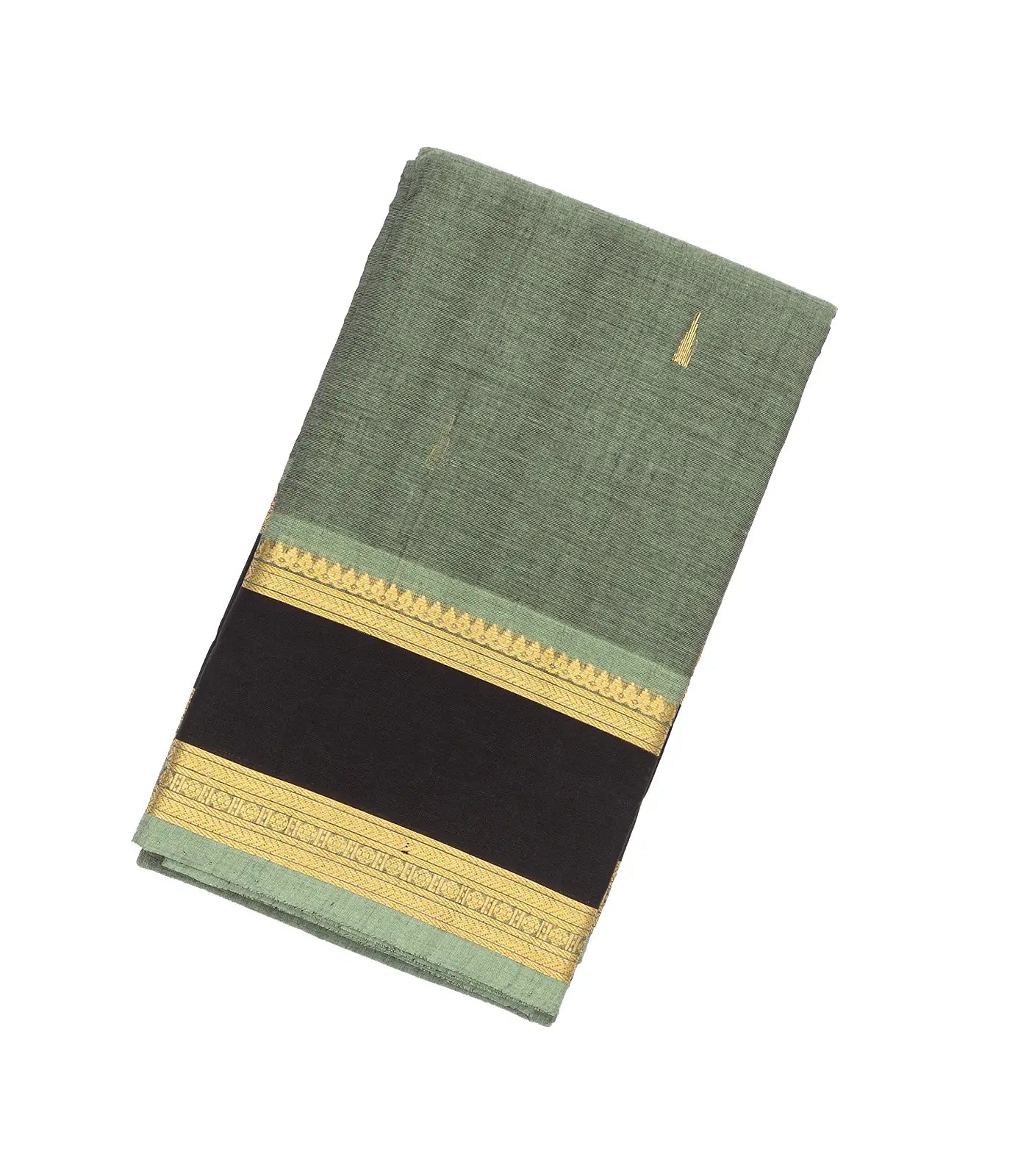 RmKV Shadow Green Handloom Kanchi Cotton Saree With Tree Buttas & Black Border