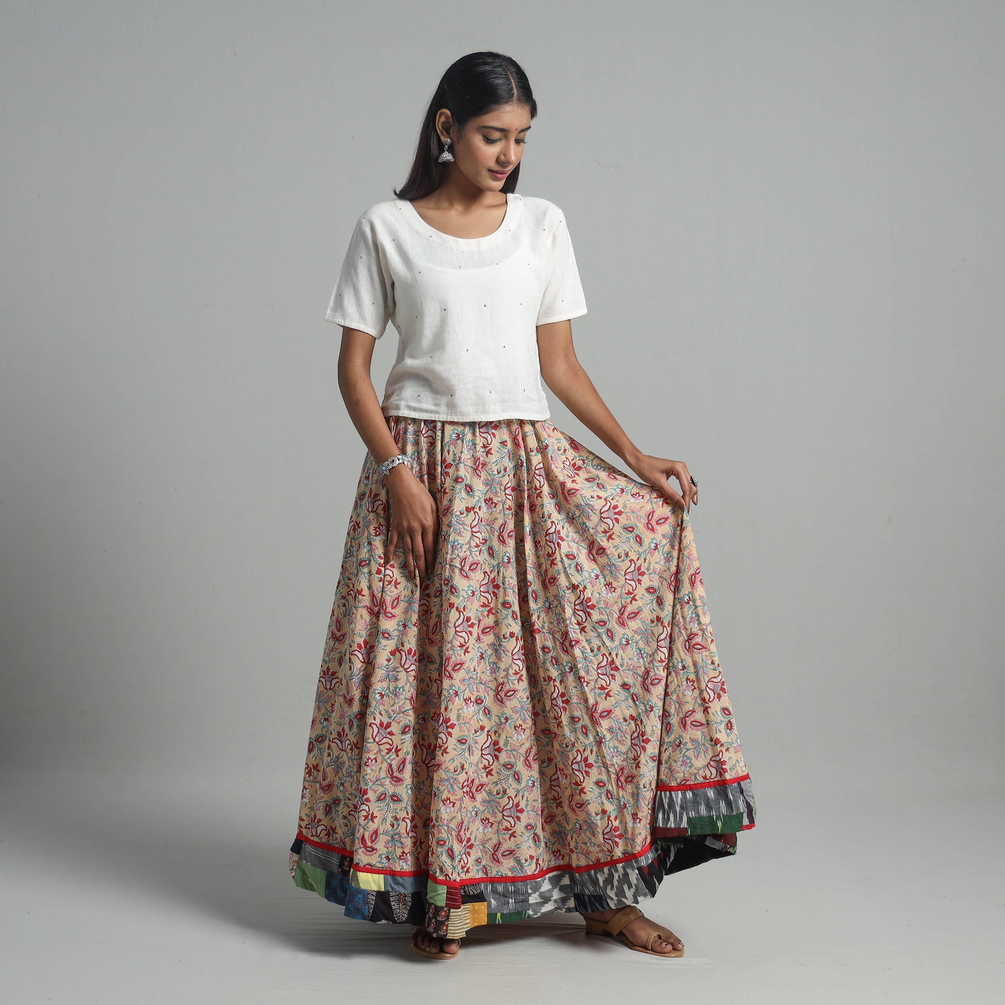 NOORI BAZAR Brown - Sanganeri Block Print Cotton Long Skirt 02