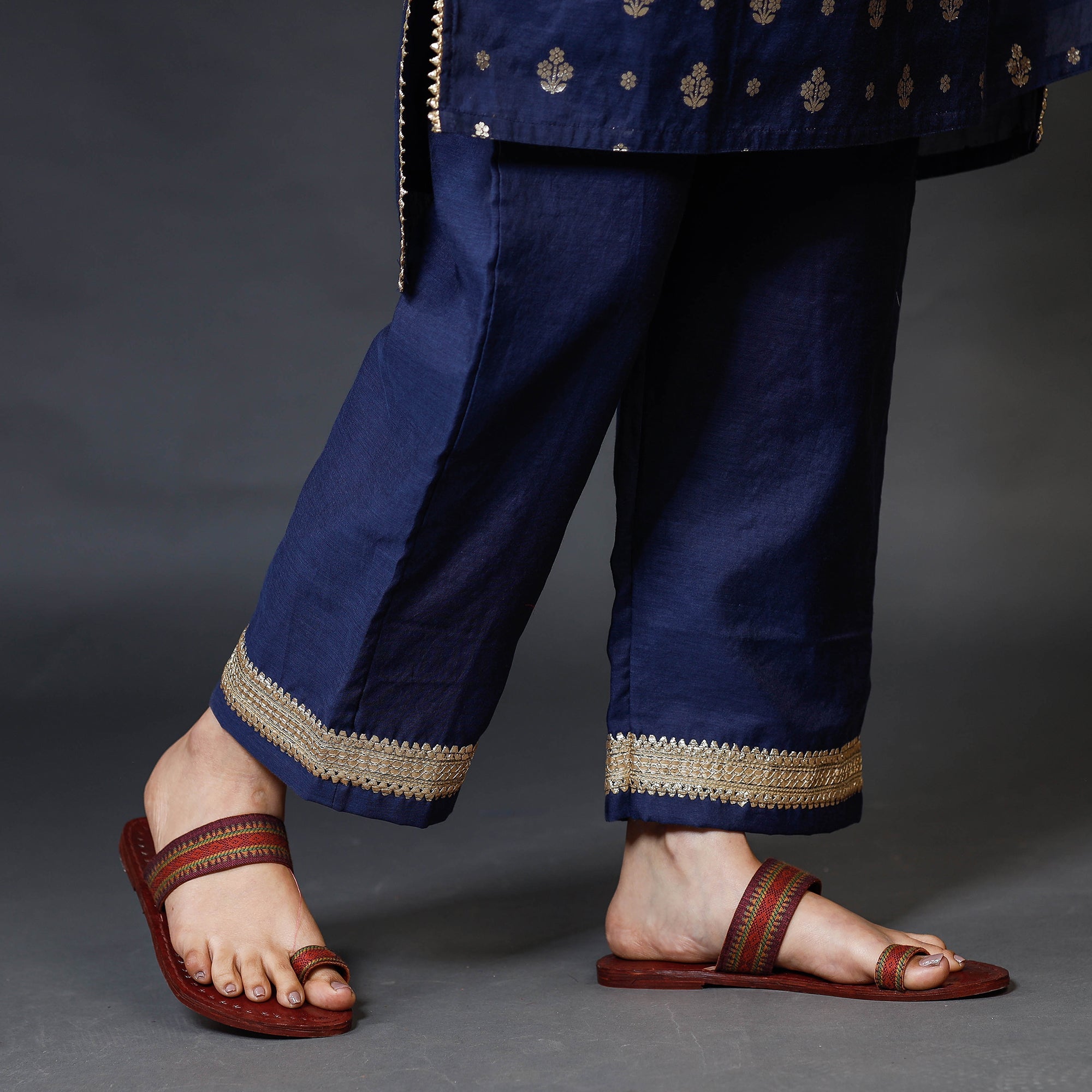 ITOKRI CASUALS Navy Blue Banarasi Silk Zari Work Kurta with Palazzo & Dupatta Set - view 6