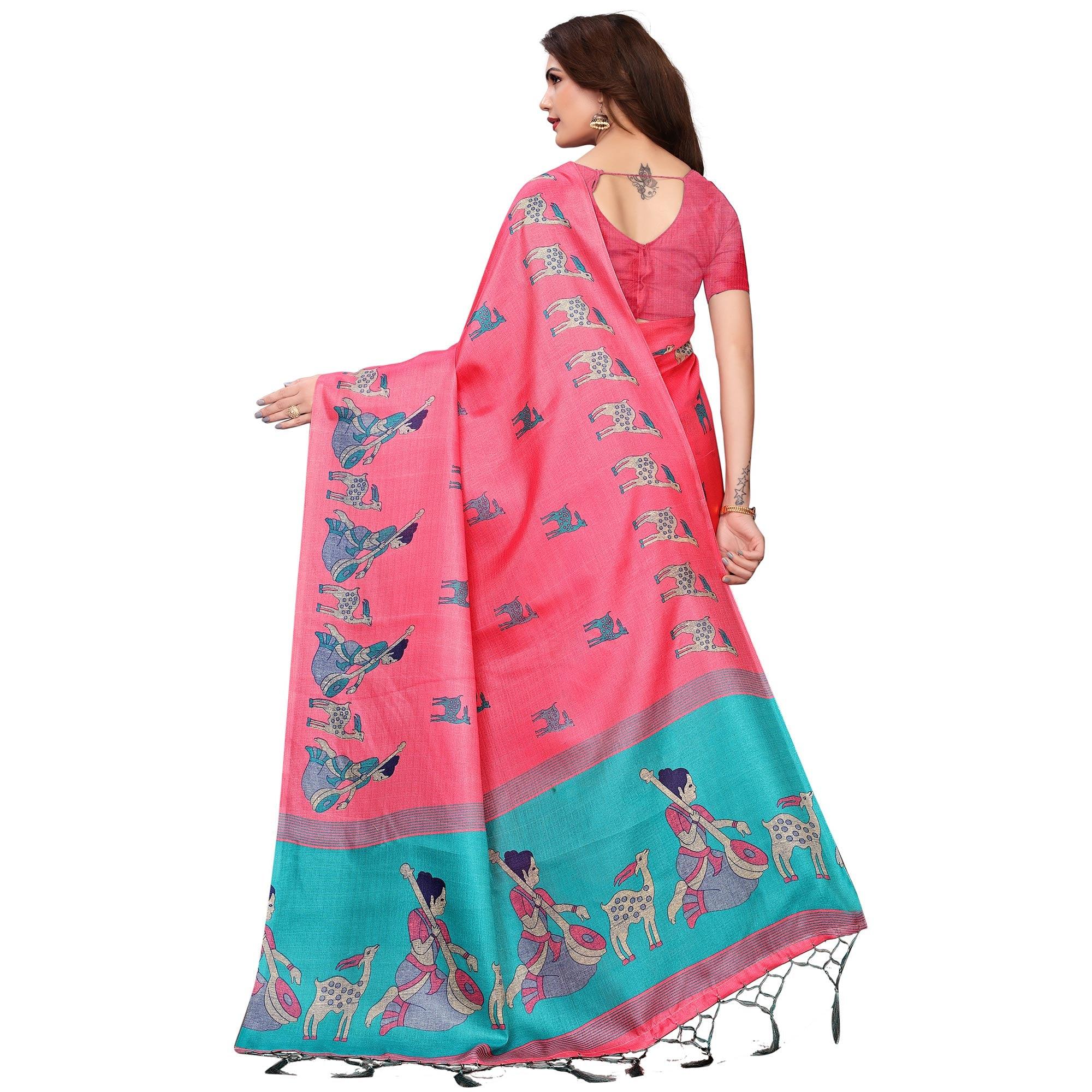 Peachmode Imposing Light Pink Colored Festive Wear Printed Art Silk Saree - view 5