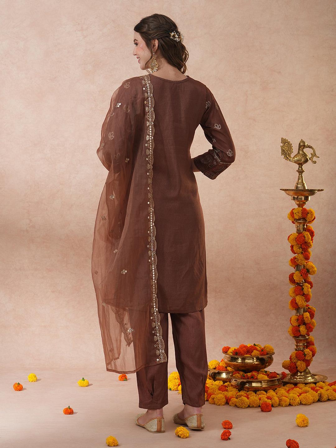 FASHOR Ethnic Hand Embroidered Jacquard Straight Kurta with Pant & Dupatta - Brown - view 6