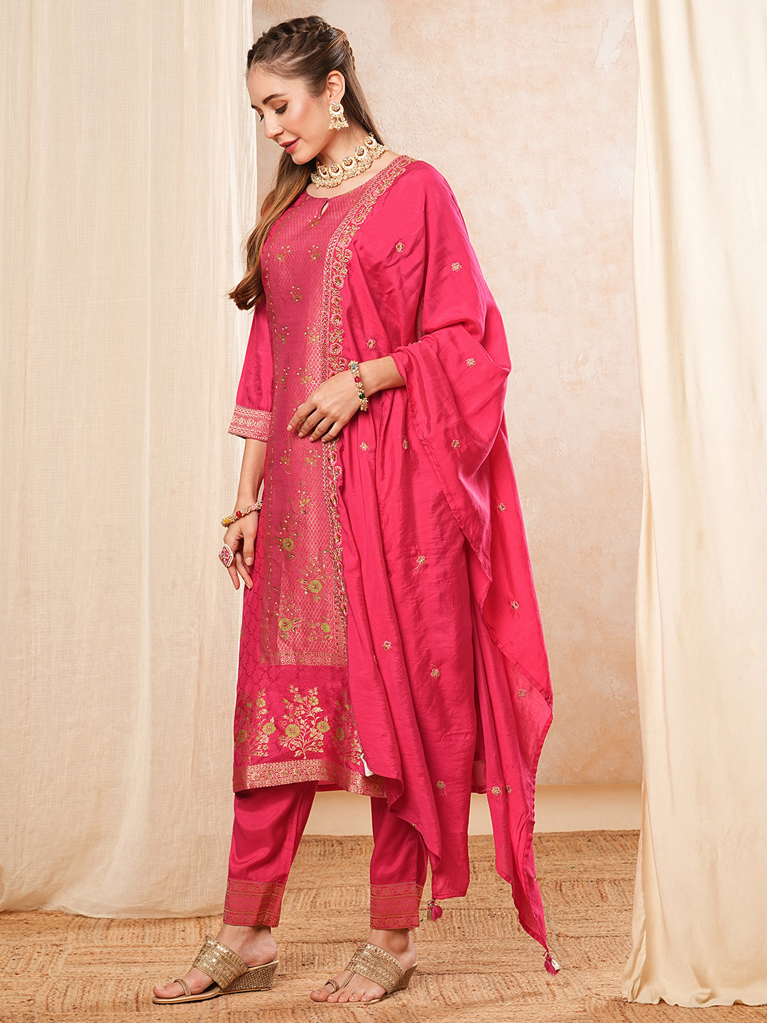 Fashor Ethnic Woven & Embroidered Straight Kurta with Pant & Dupatta - Fuchsia