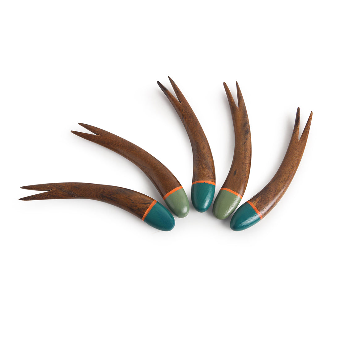 EXCLUSIVELANE 'The Peacock Must-Haves' Handpainted Fruit Forks In Sheesham Wood (Set of 5) - view 2