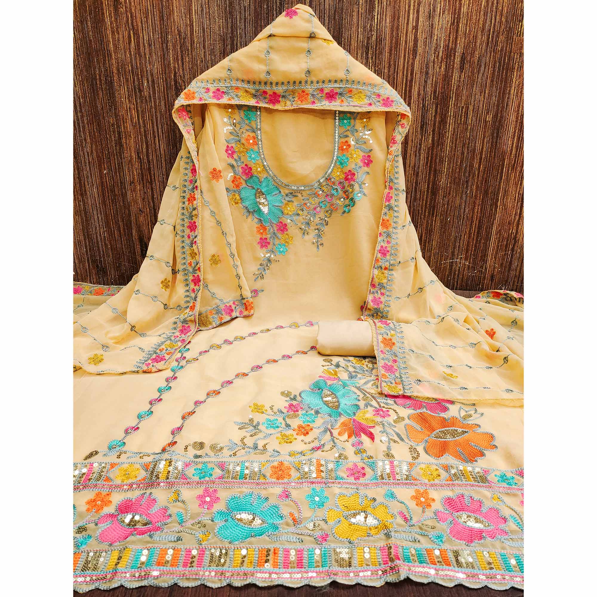 Peachmode Chikoo Floral Sequins Embroidered Georgette Dress Material - view 3