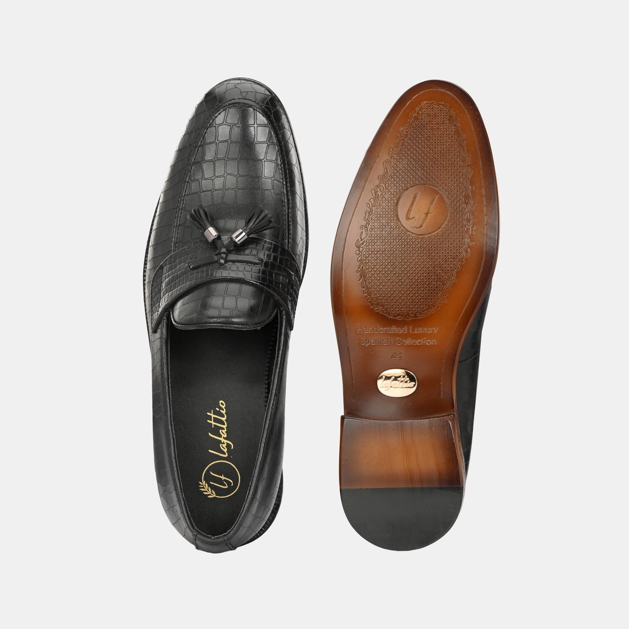 Black Laser Engraved Tassel Loafers by Lafattio - view 5