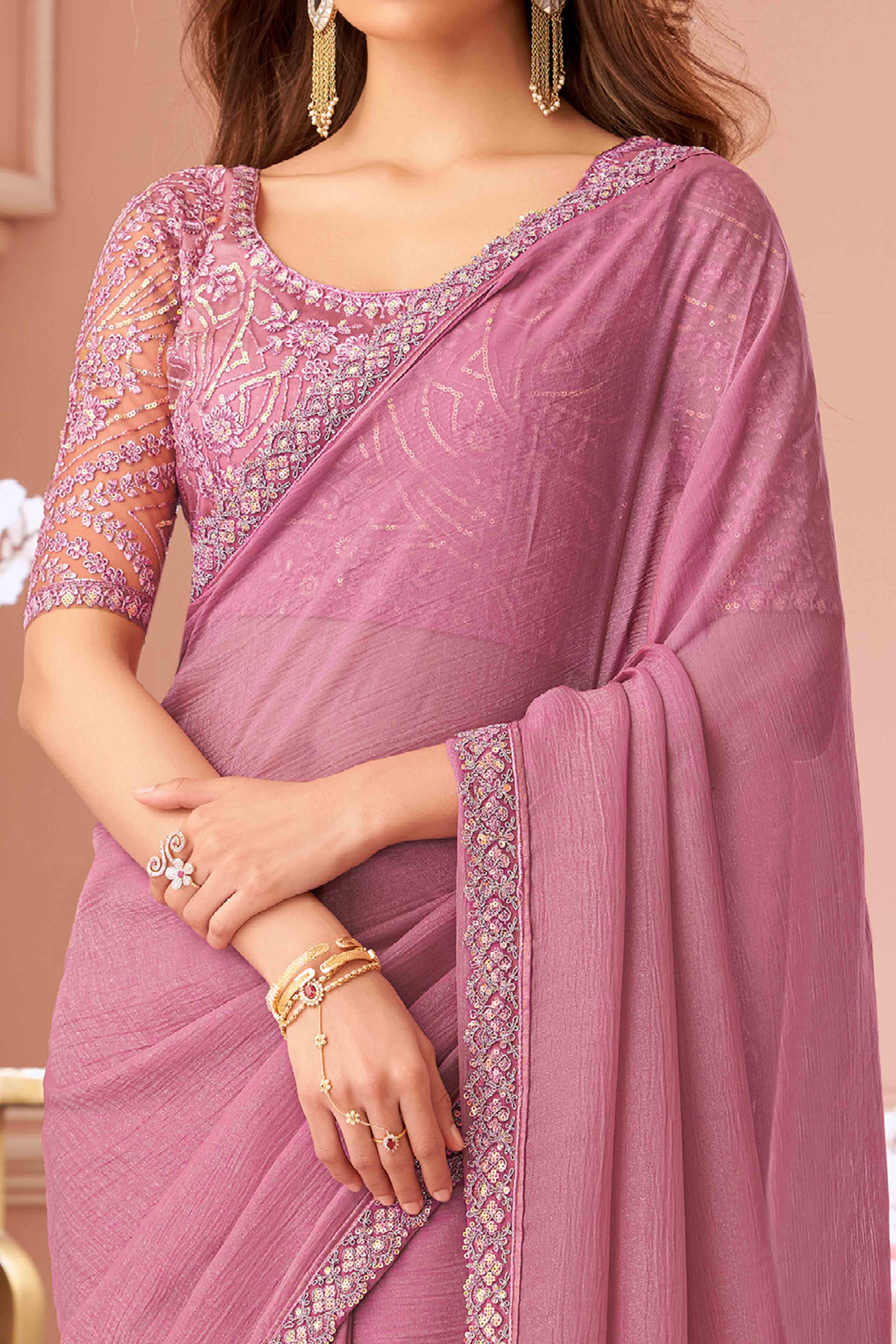 Peachmode Dusty Pink Sequins Embroidered Georgette Saree - view 2