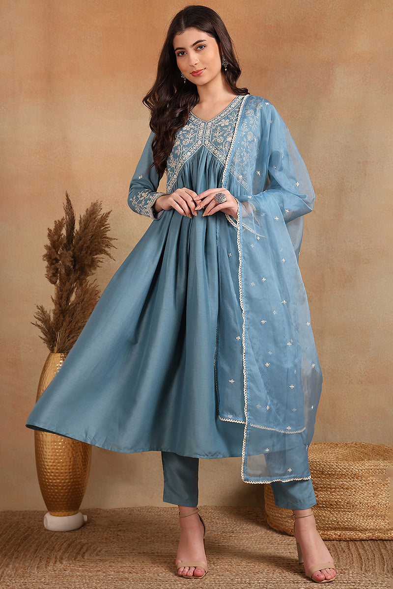 Ahika Blue Silk Blend Solid Embroidered Anarkali Suit Set PKSKD2013 - view 4