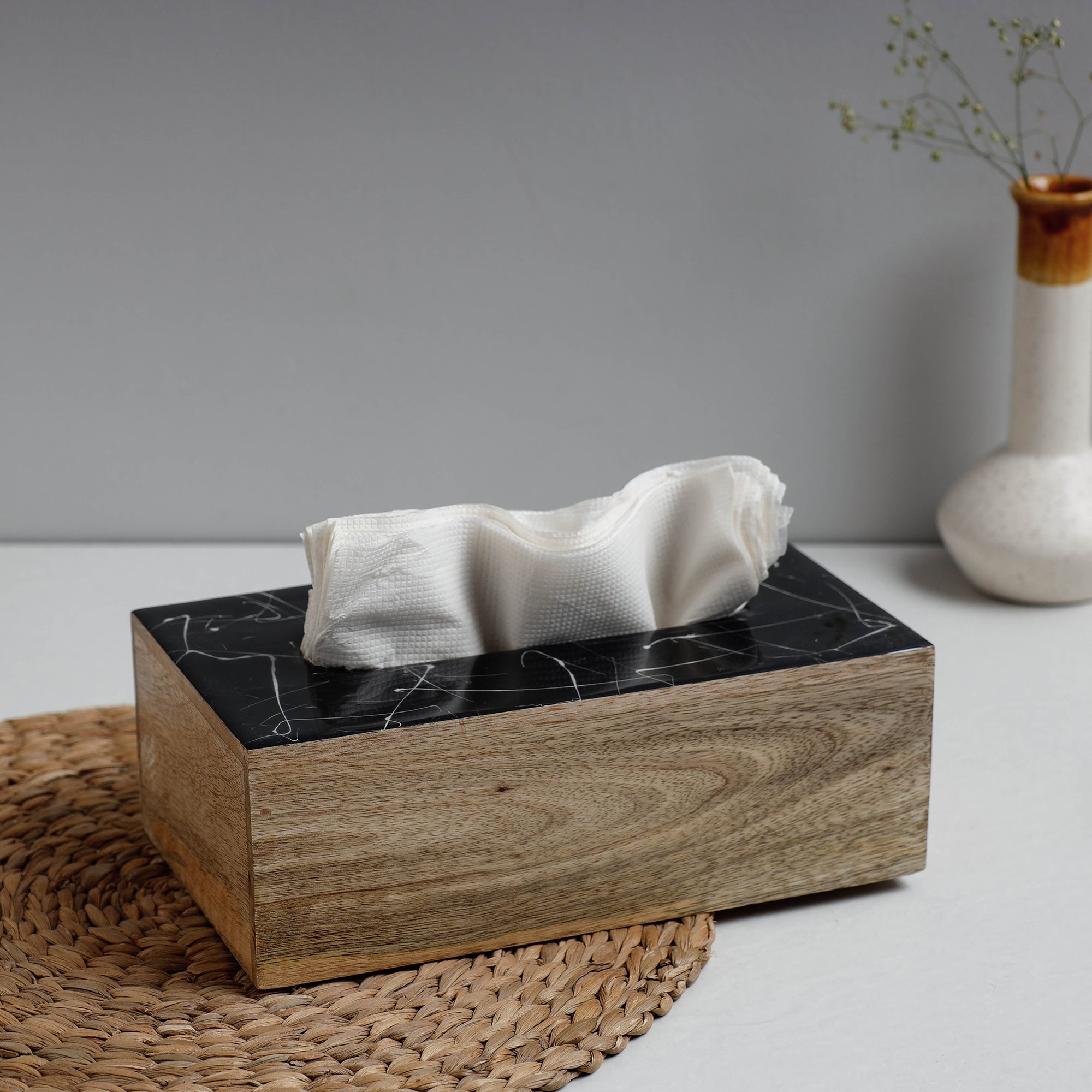 HAVELI CHRONICLES Brown - Handcrafted Mango Wooden Epoxy Resin Tissue Box (9 x 5 in)