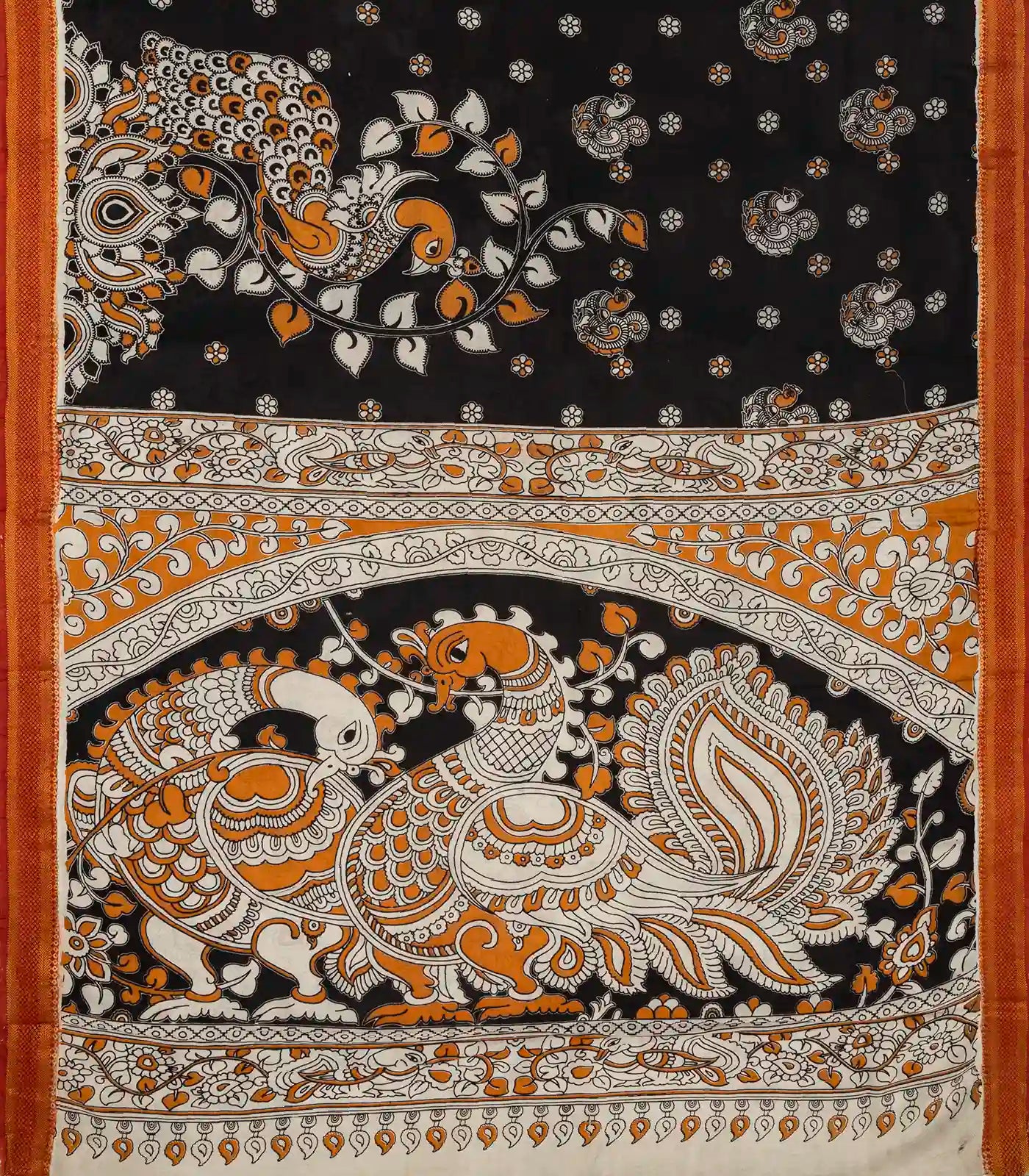 RmKV Black Handloom Kalamkari Cotton Saree With Printed Peacock Motifs - view 2