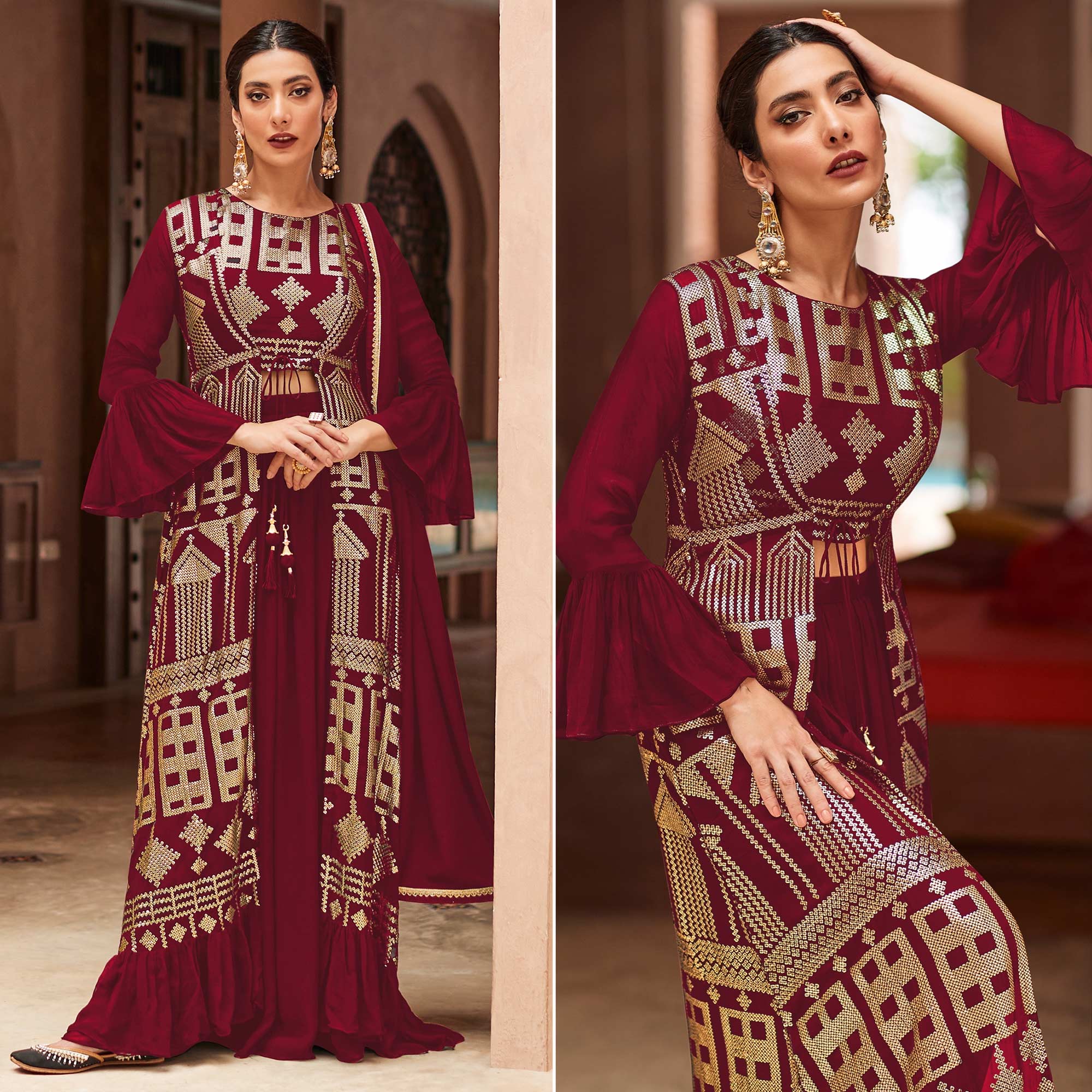 Peachmode Seller Maroon Sequins Embroidered Georgette Sharara Choli With Jacket
