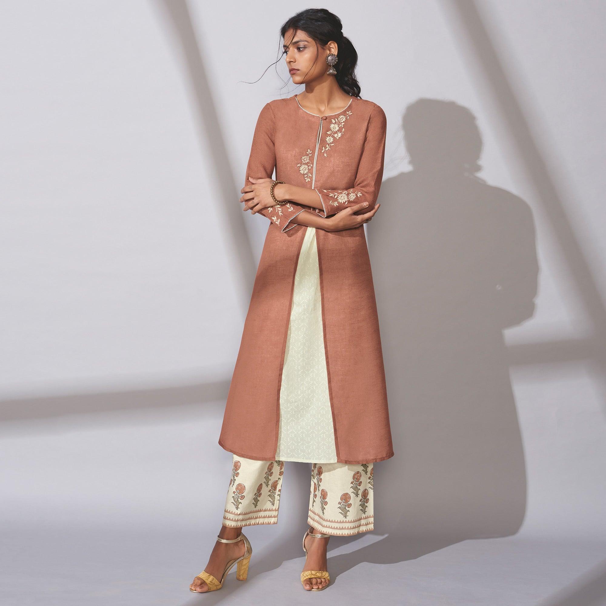 Peachmode Seller Jazzy Brown Colored Party Wear Embroidered Khadi Cotton Kurti-Palazzo Set