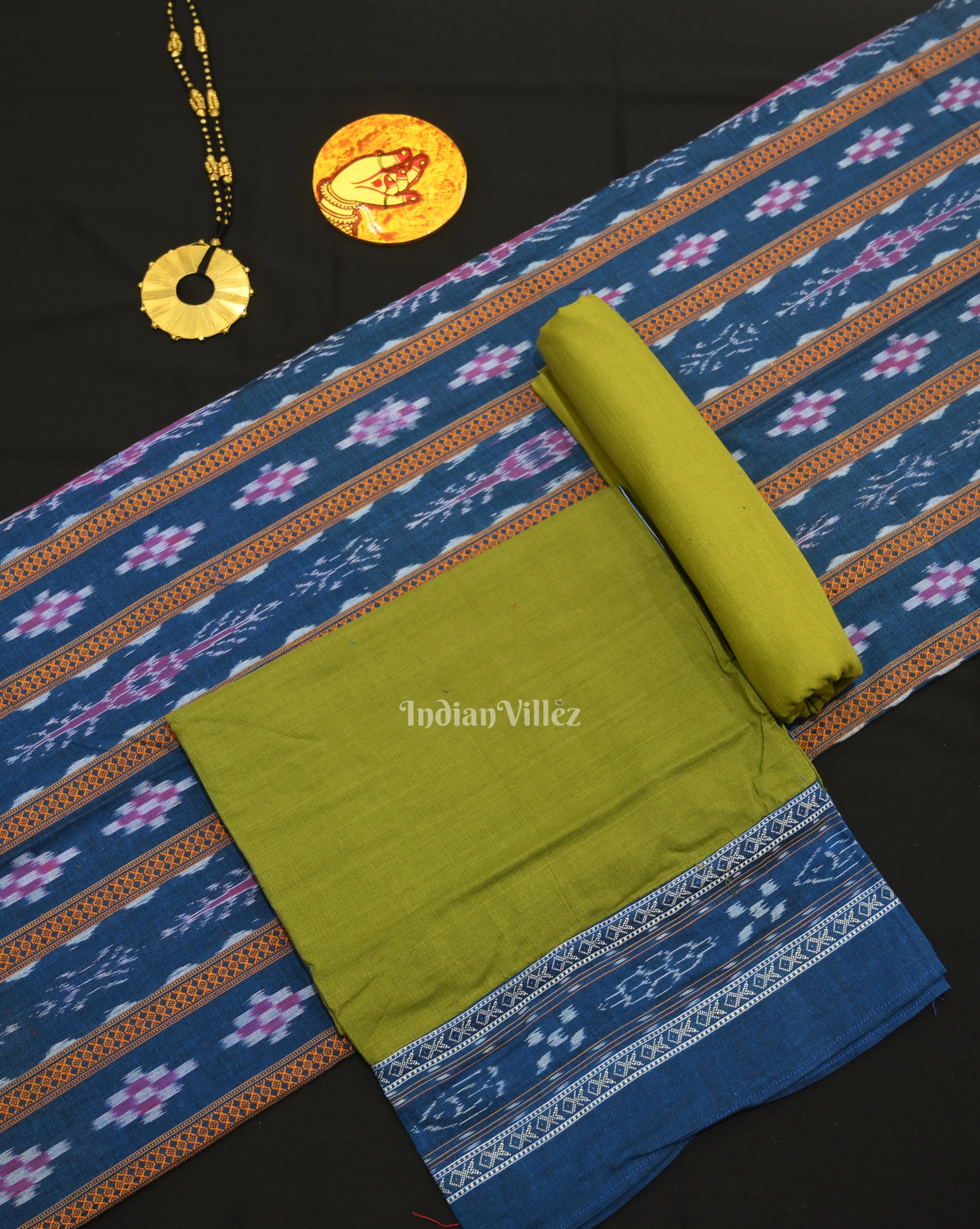 IndianVillèz Blue Mehendi Green Pasapali Sambalpuri Cotton Dress set with Dupatta