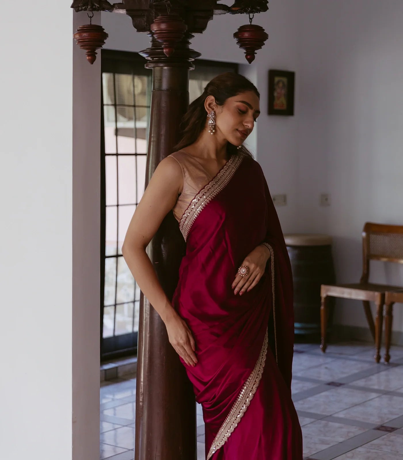 RmKV Burgundy Woven Plain Satin Saree With Embroidered Border - view 2