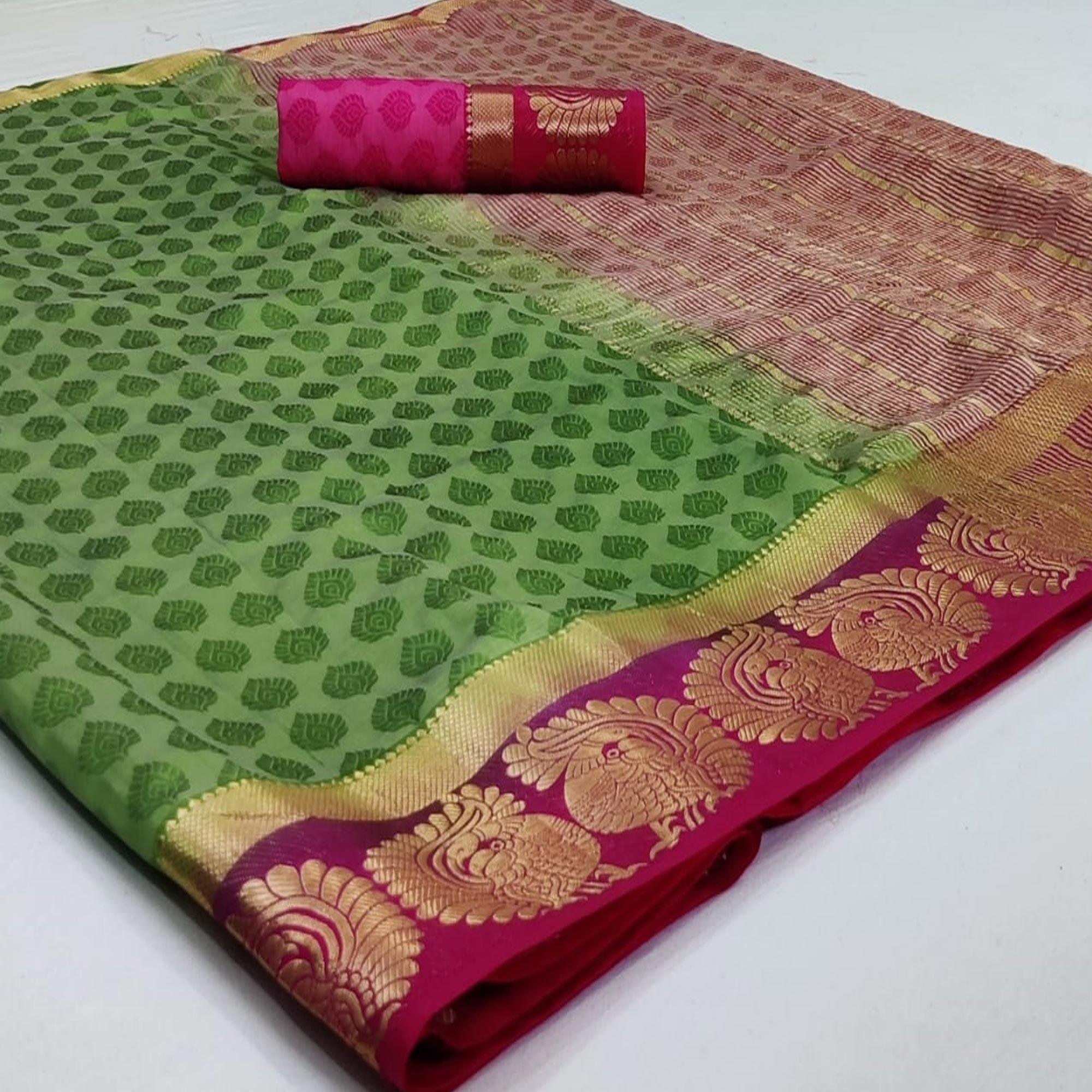 Peachmode Glowing Green Coloured Festive Wear Woven Art Silk Saree