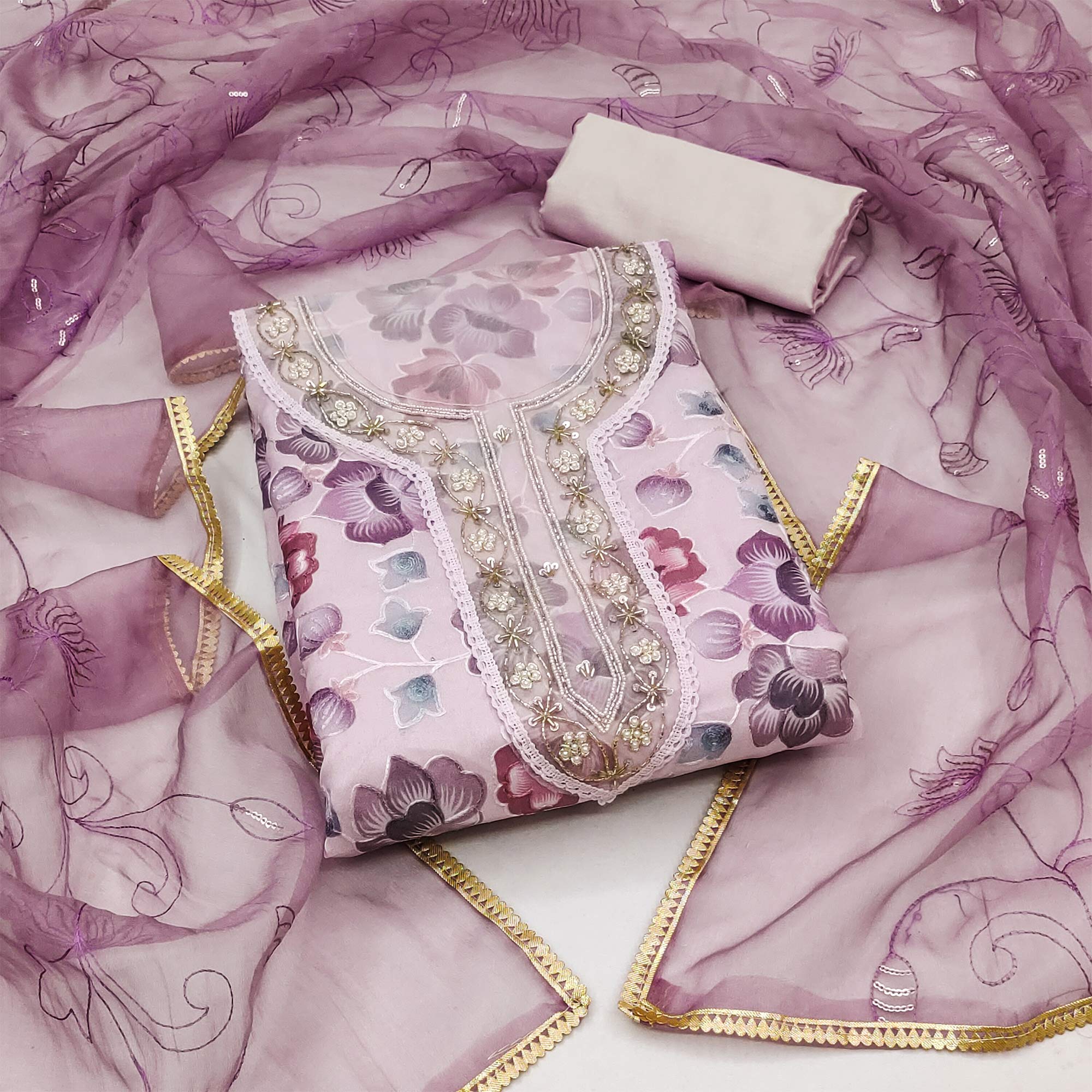 Peachmode Mauve Floral Embroidered With Printed Organza Dress Material