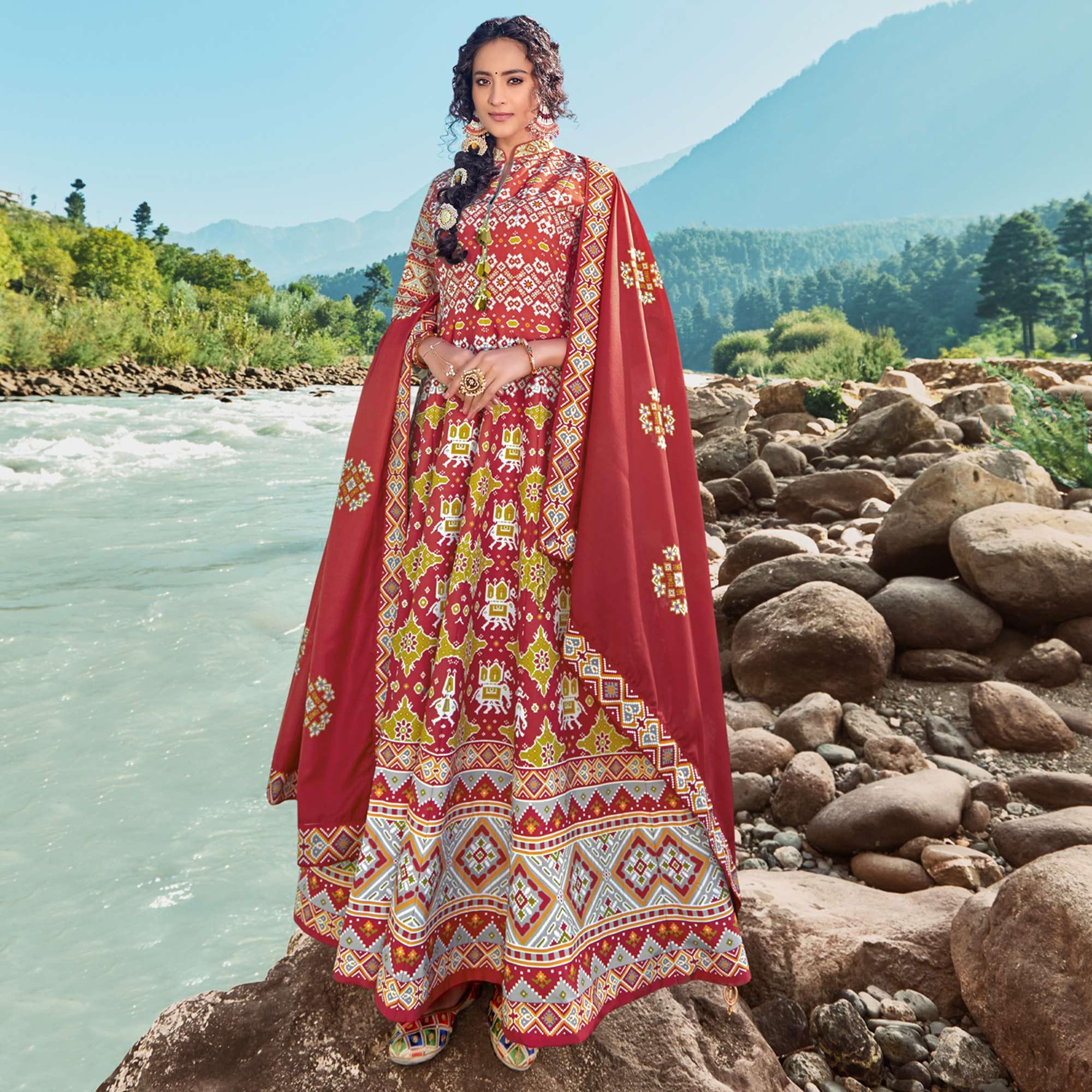 Peachmode Seller Maroon Partywear Patola Digital Printed Killer Silk Anarkali Suit