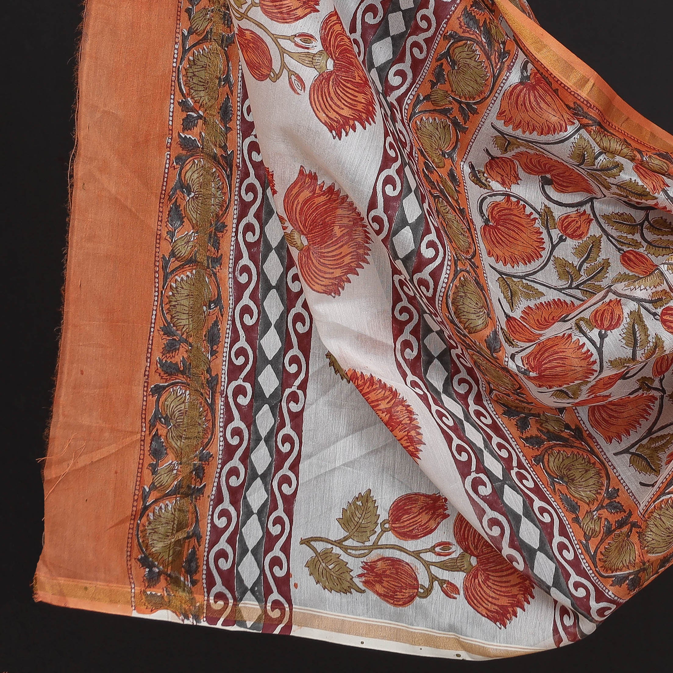 ARTISAN HAND BLOCK PRINTS Brown - 3pc Sanganeri Block Printed Chanderi Silk Suit Material Set - view 4