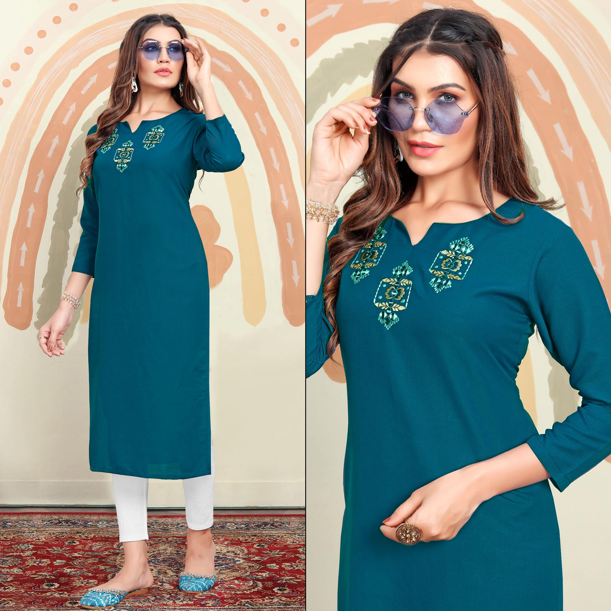 Peachmode Seller Morpich Mirror Embroidered Cotton Blend Kurti