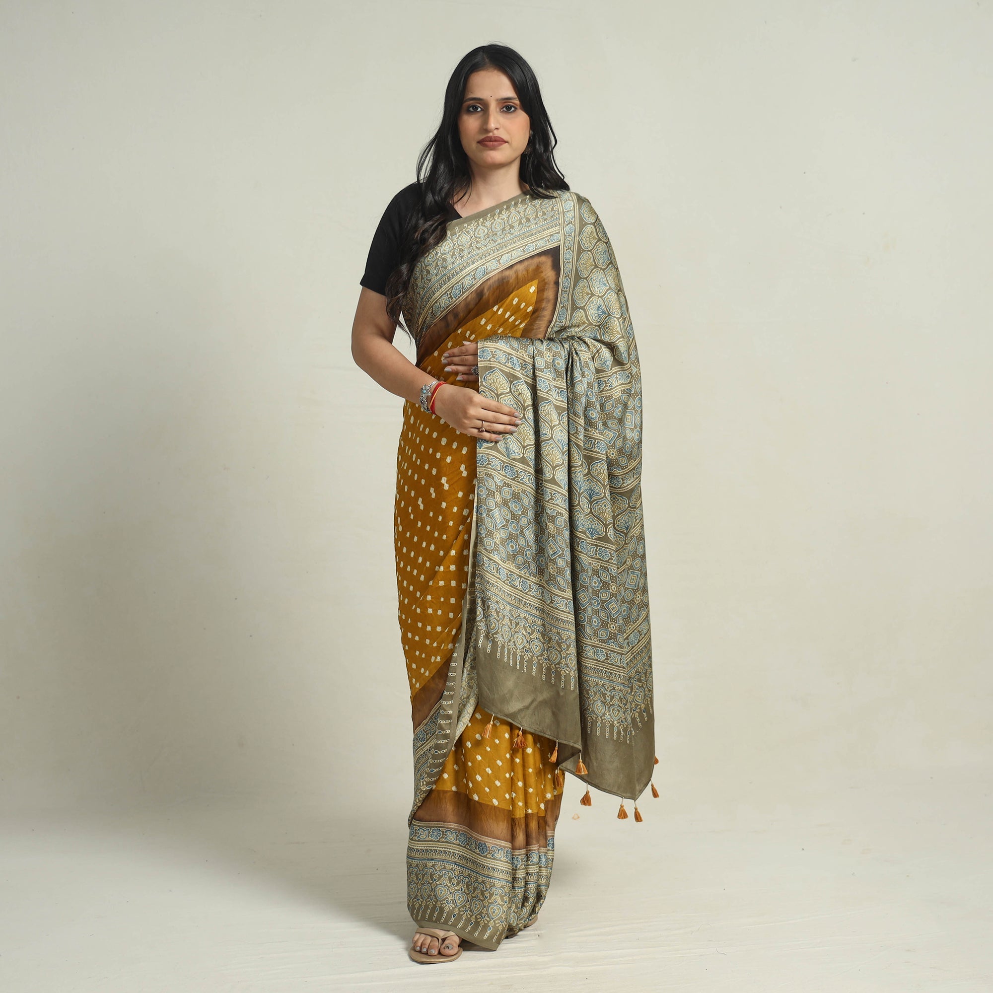 RIYAZ ABDULMAJID KHATRI - AJRAKH Brown - Bandhani Block Printed Ajrakh Modal Silk Saree 01