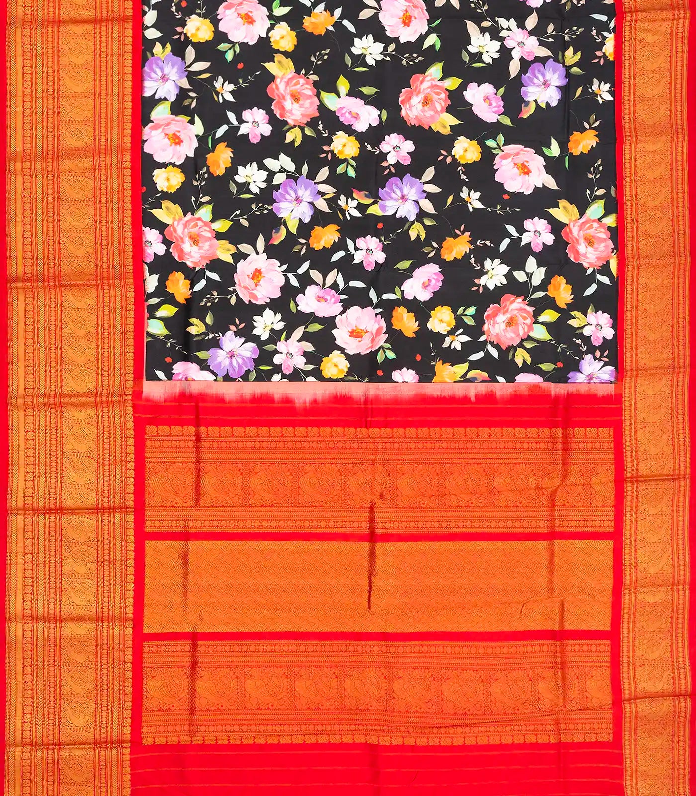 RmKV Black Handloom Kanchipuram Korvai Silk Saree Printed With Flower Motifs - view 2