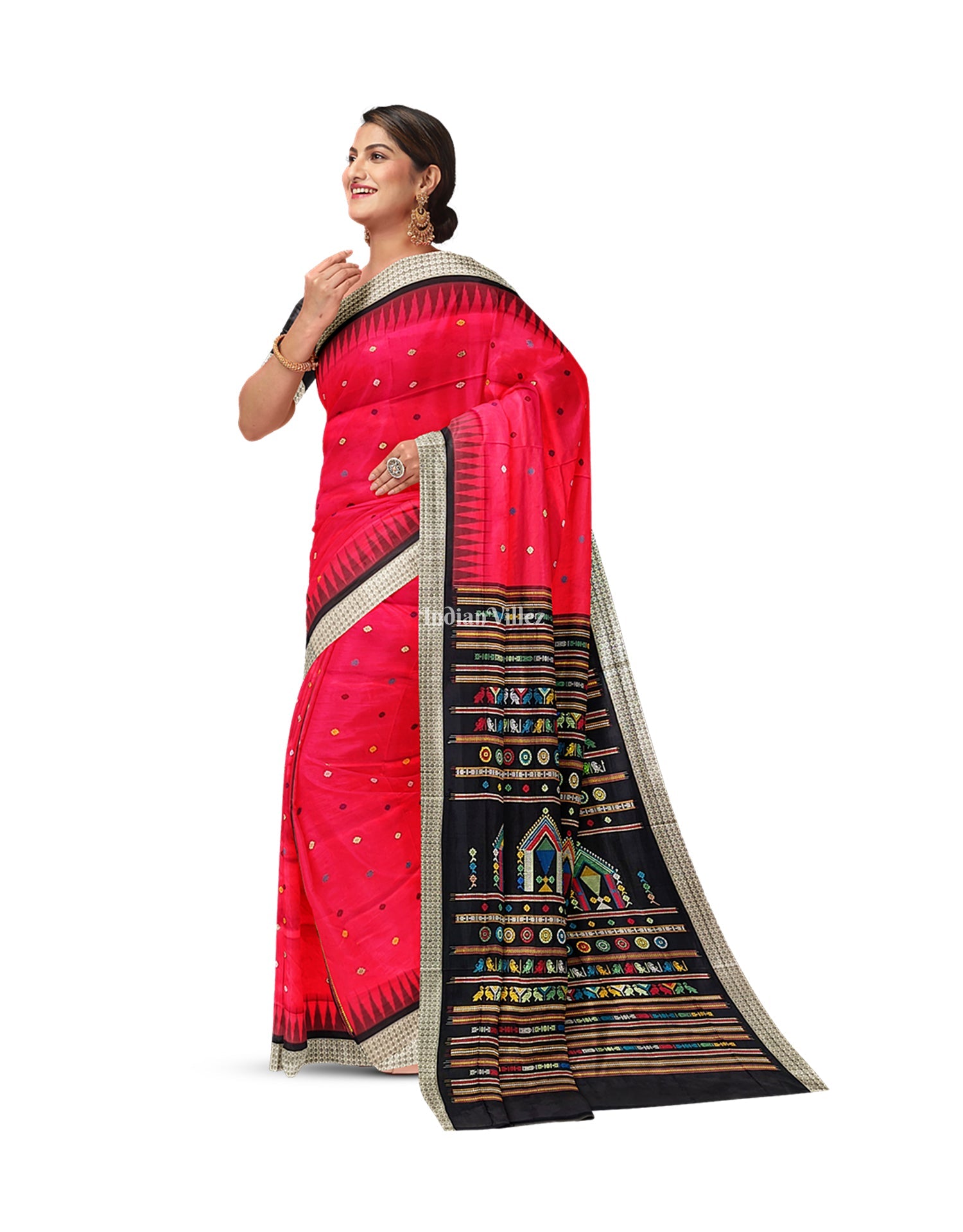 IndianVillèz Red Black Dolabedi Sambalpuri Bomkai Silk Saree - view 3