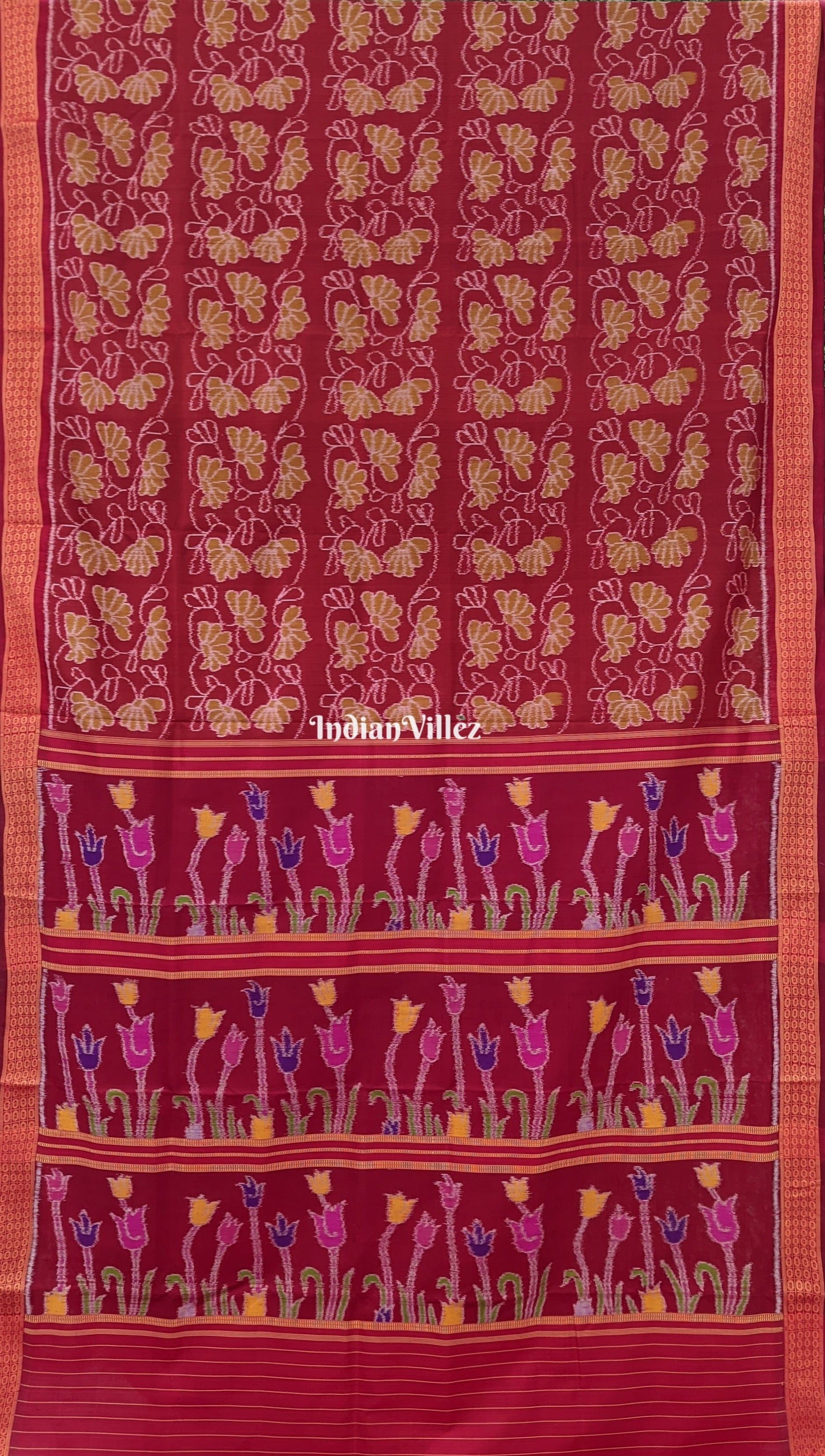 IndianVillèz Brick Red Contemporary Floral Odisha Handloom Silk Saree with Lotus Pallu - view 2
