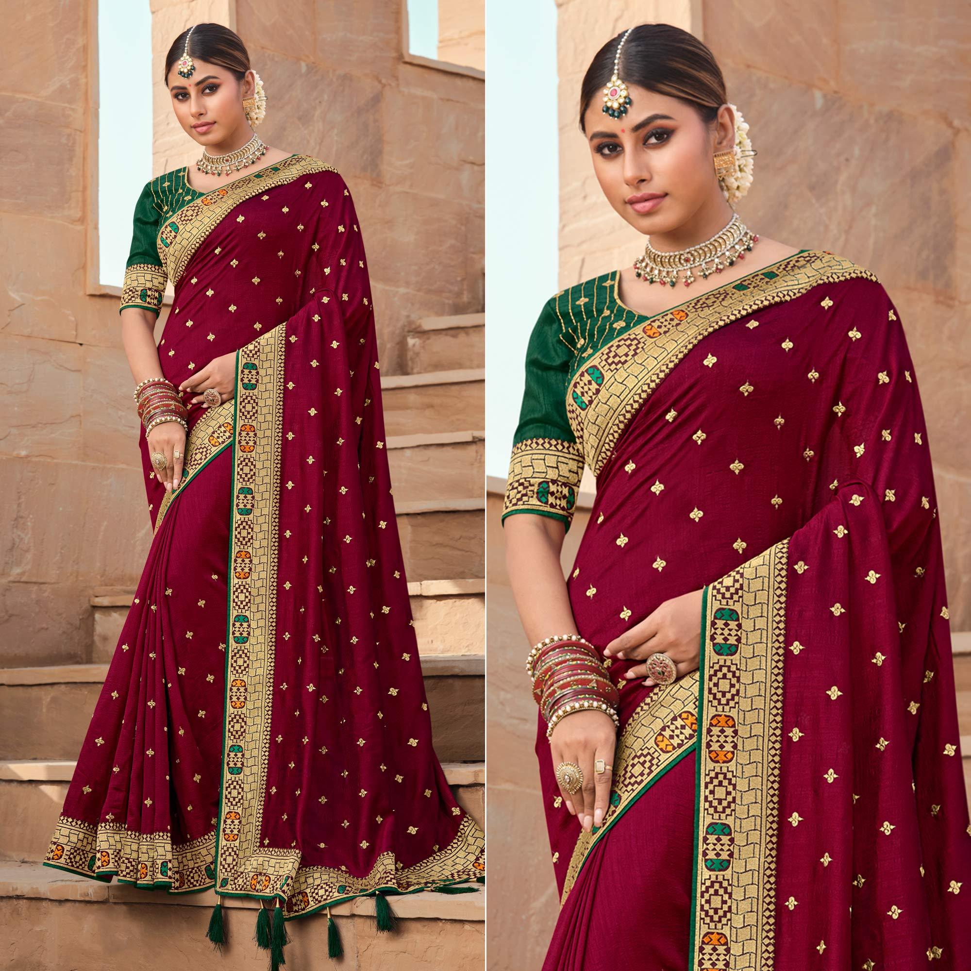 Peachmode Maroon Party Wear Embroidered Art Silk Saree